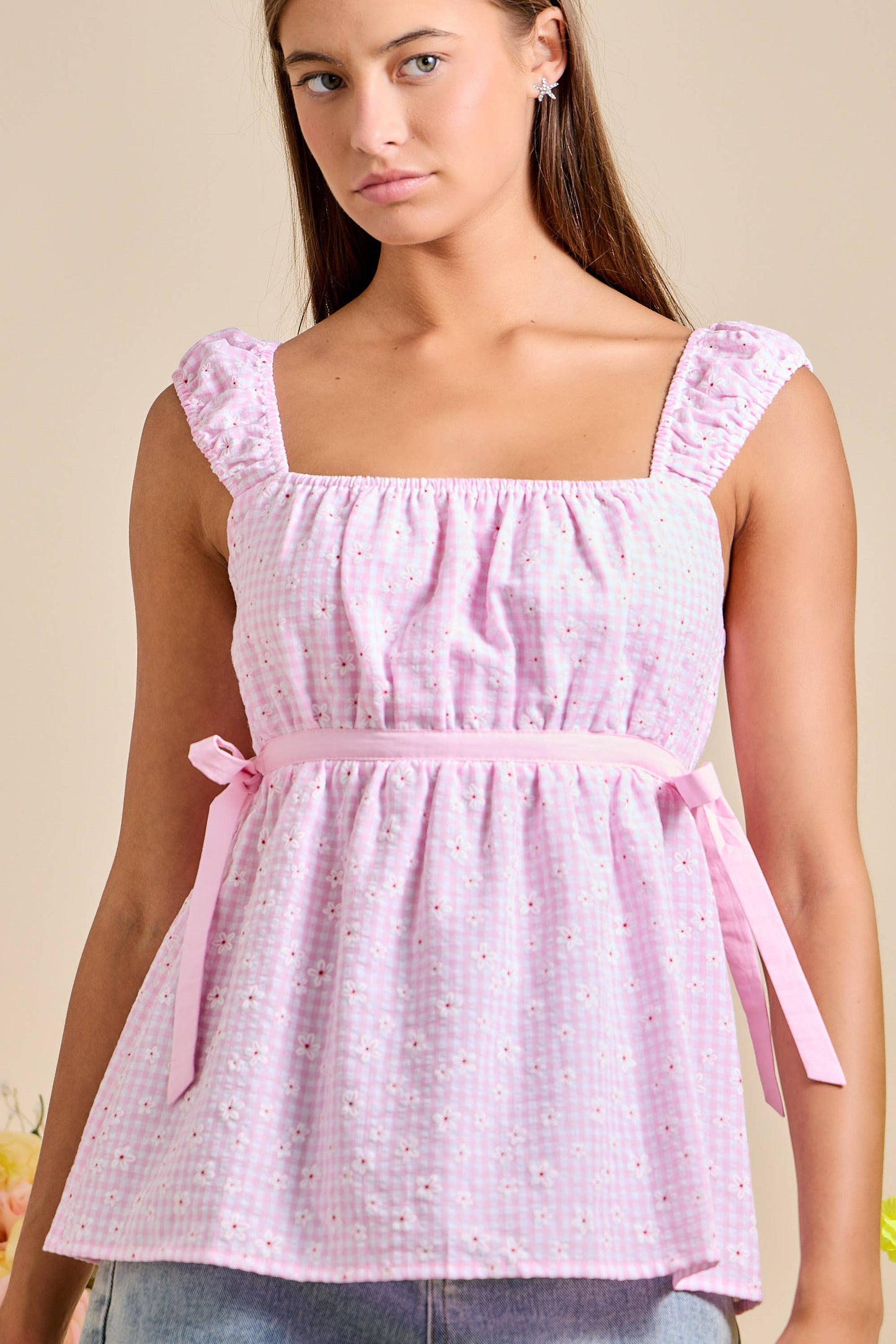 Smocked Ruffle Strap Peplum Top - Gingham Daisy