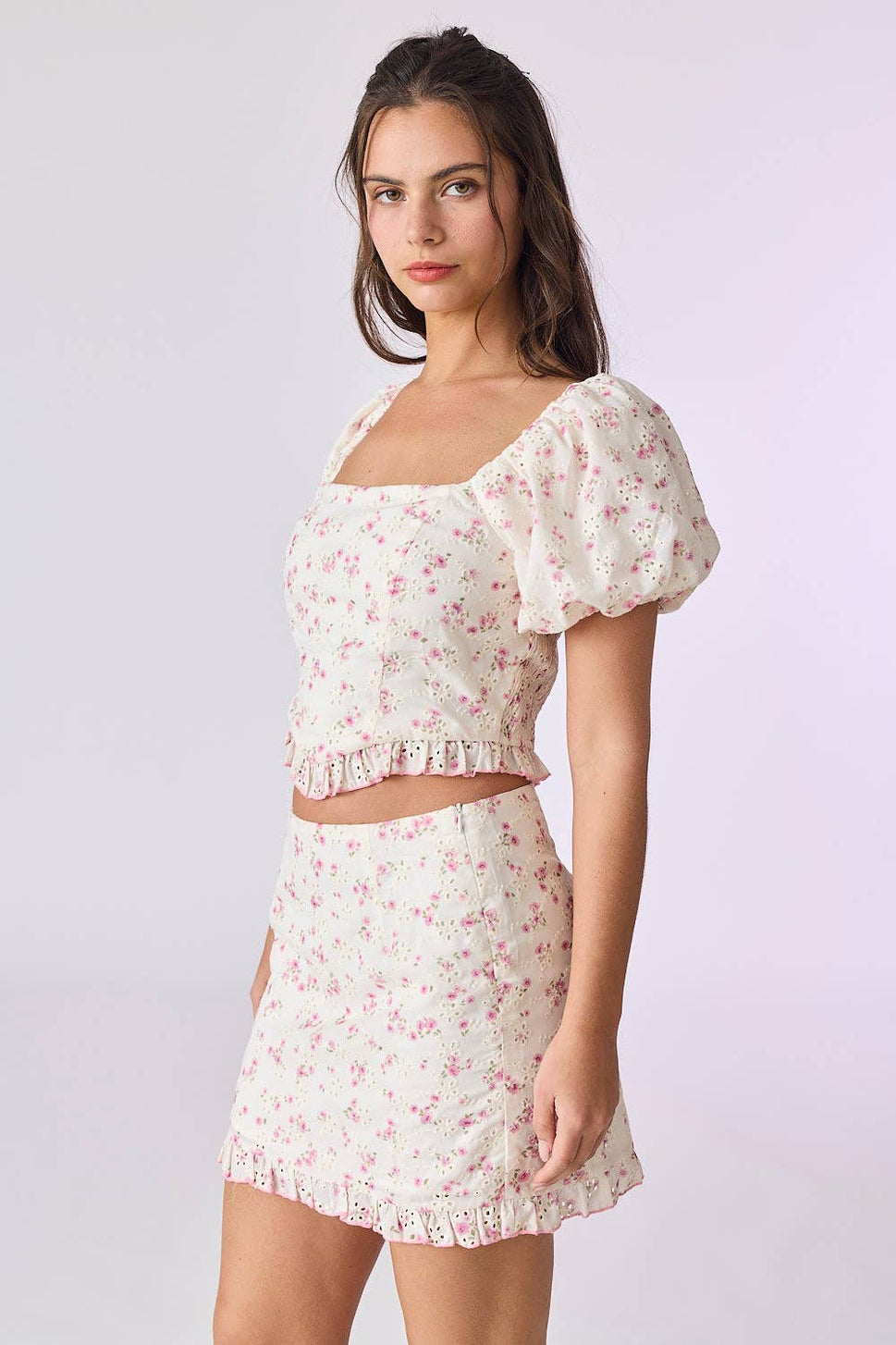 *Everly Printed Eyelet Set: Ivory/Pink
