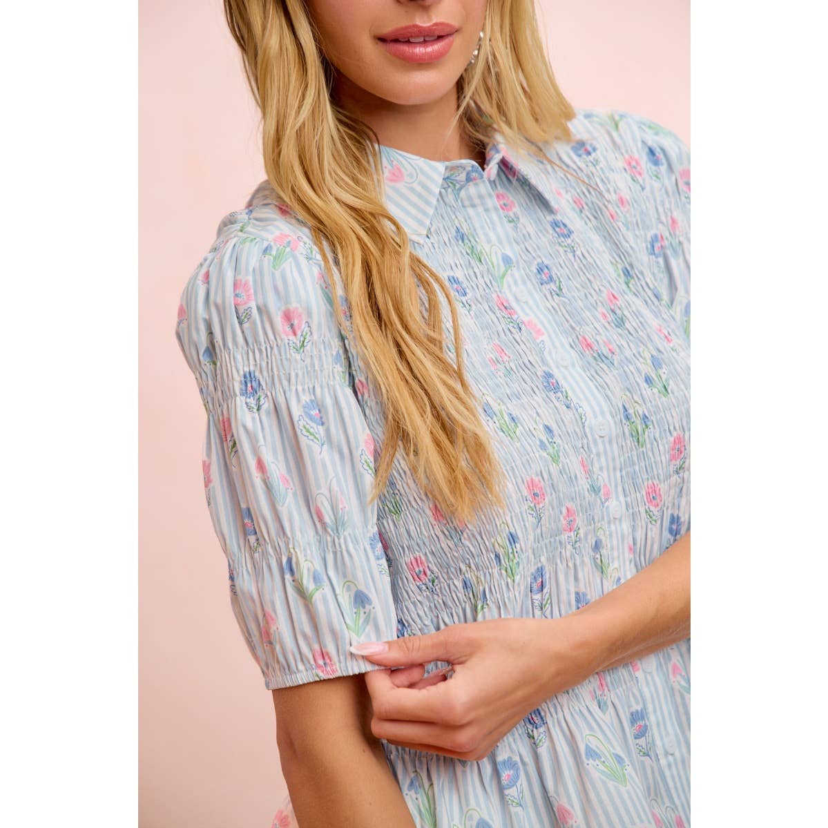 STRIPES AND FLORAL SHORT SLEEVE SHIRRED BLOUSE TOP