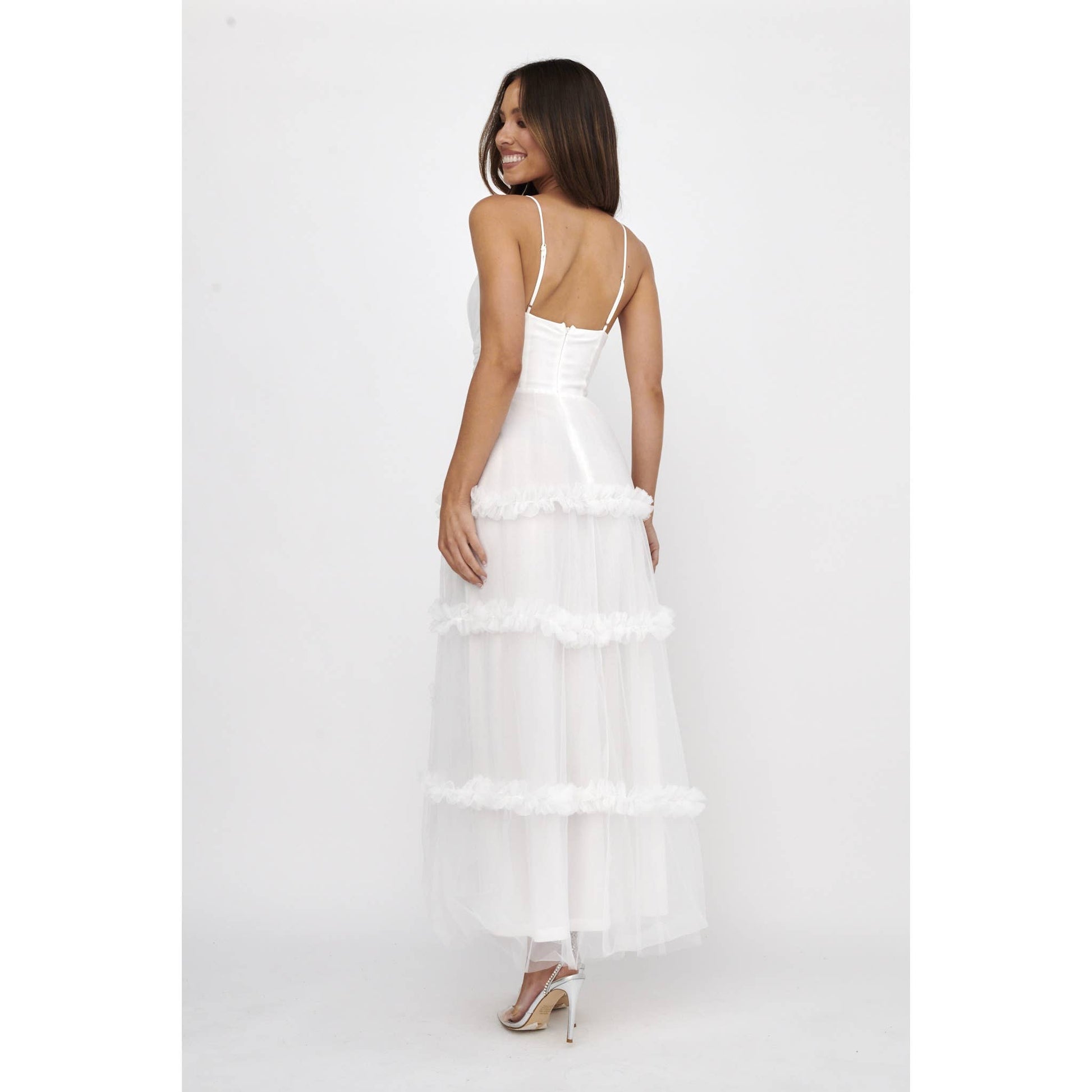 DEEP-V TIERED TULLE MIDI DRESS