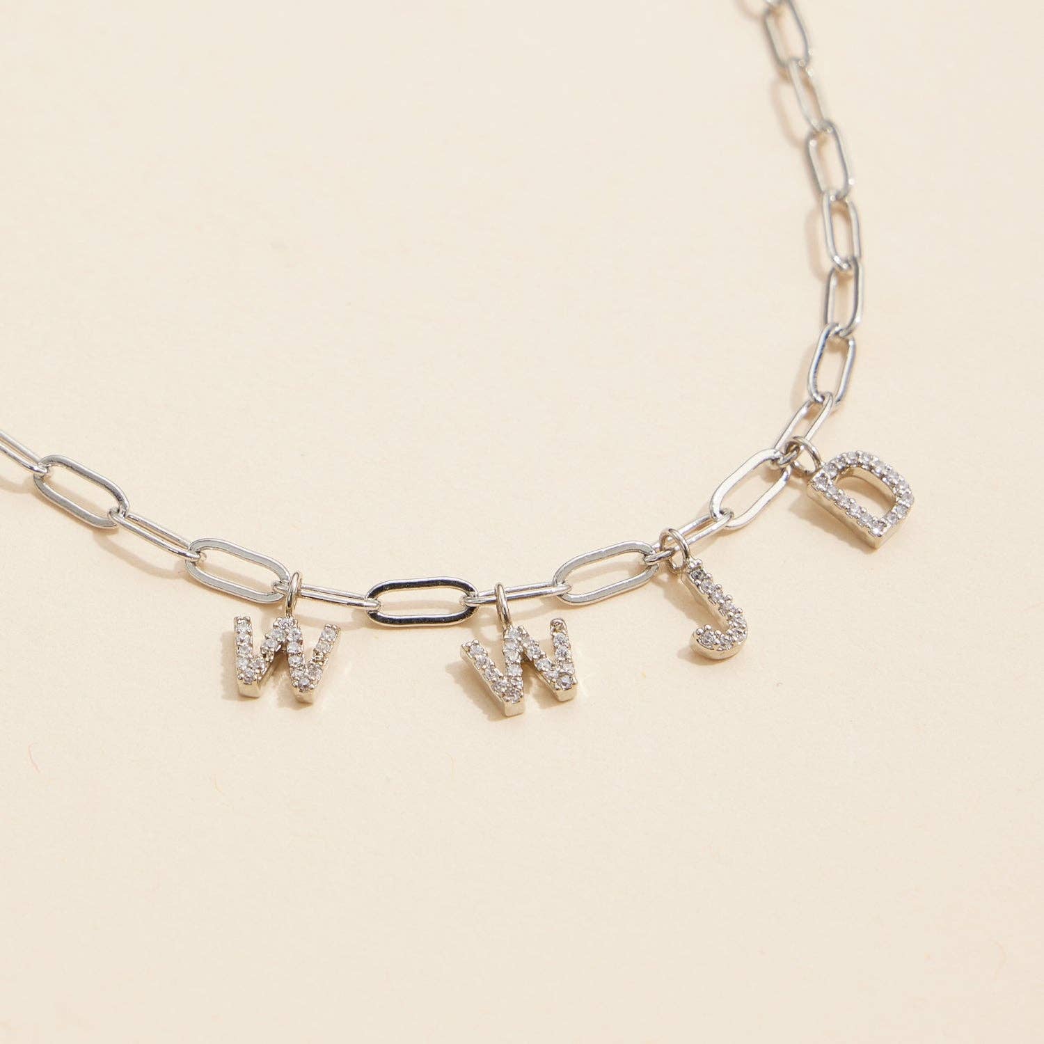 SPARKLING "WWJD" CUBIC ZIRCONIA 18K GOLD CHARM NECKLACE