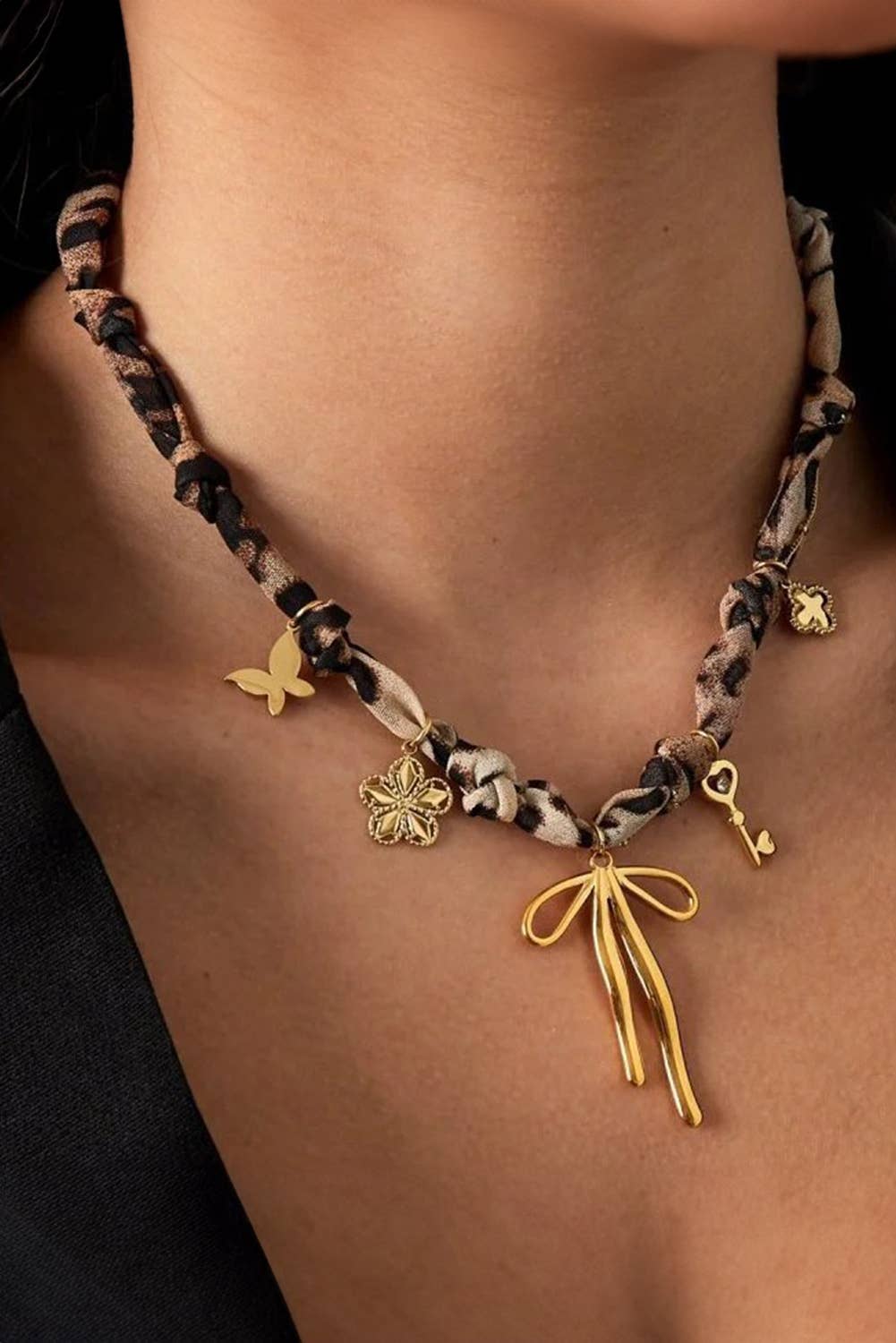 Plated Bow Stainless Steel Pendant Leopard Scarf Necklace: Gold / ONE SIZE
