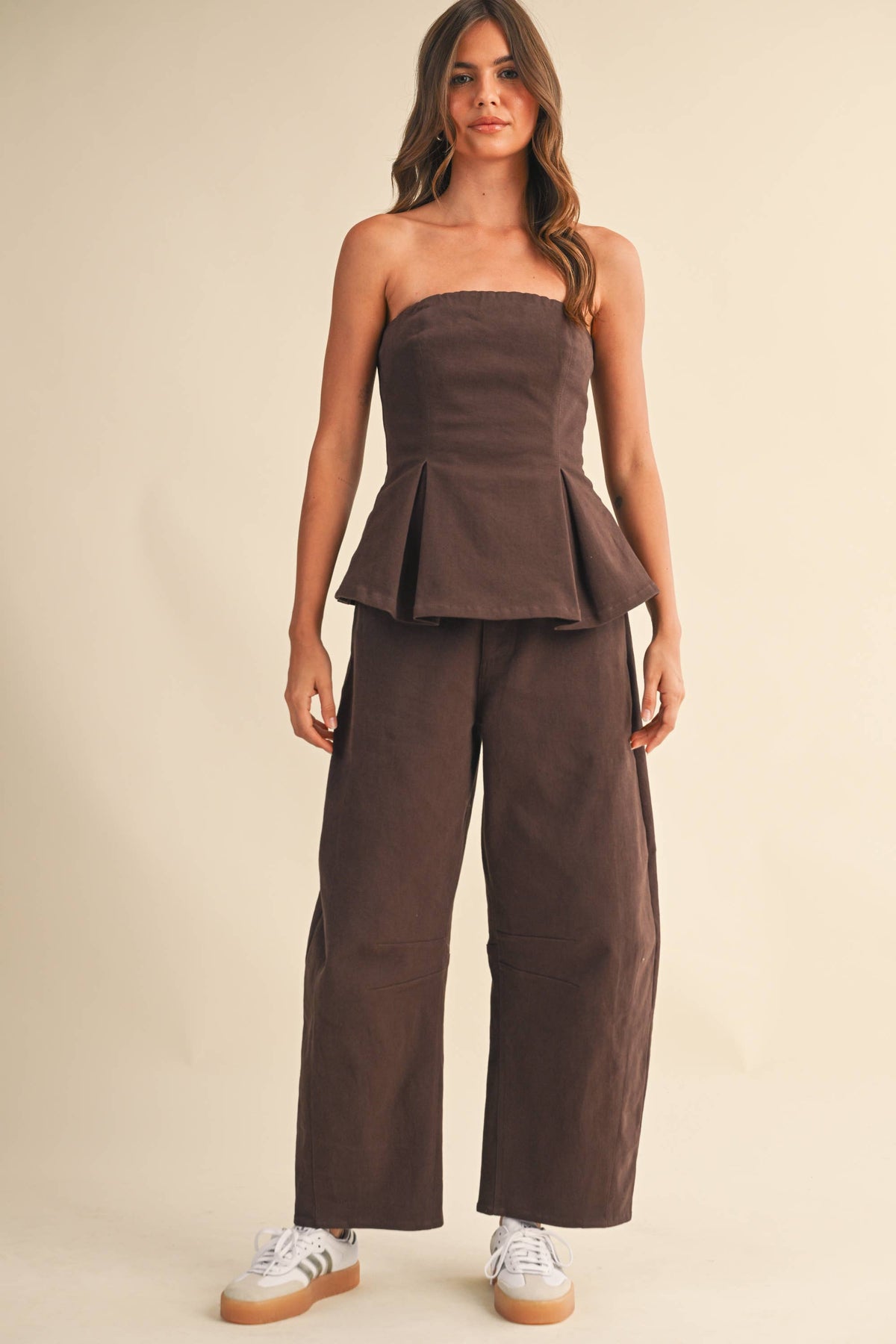 Pleated Strapless Top And Barrel Pants