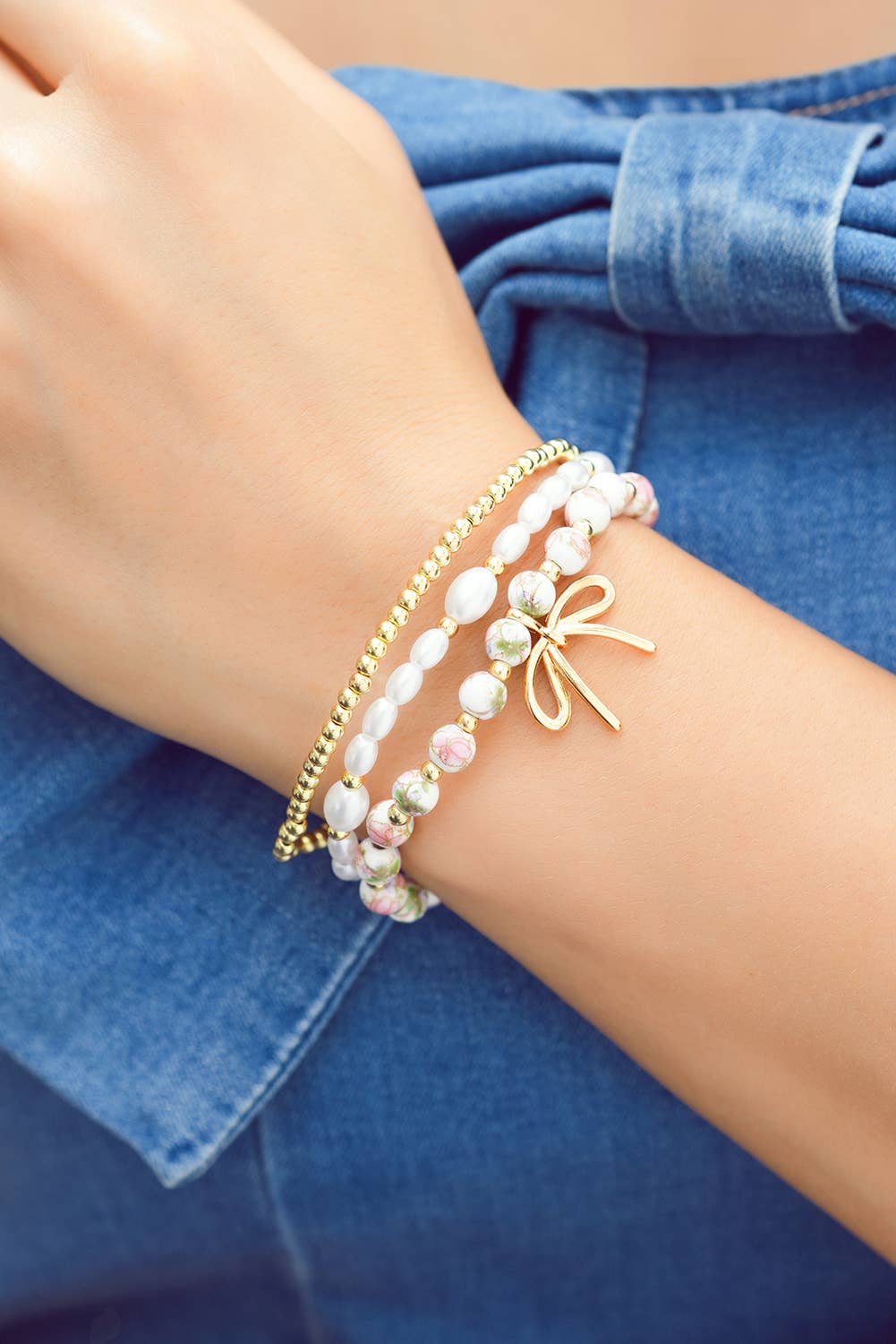 Bow Knot Charm Beaded Triple Layer Bracelet Set: Gold