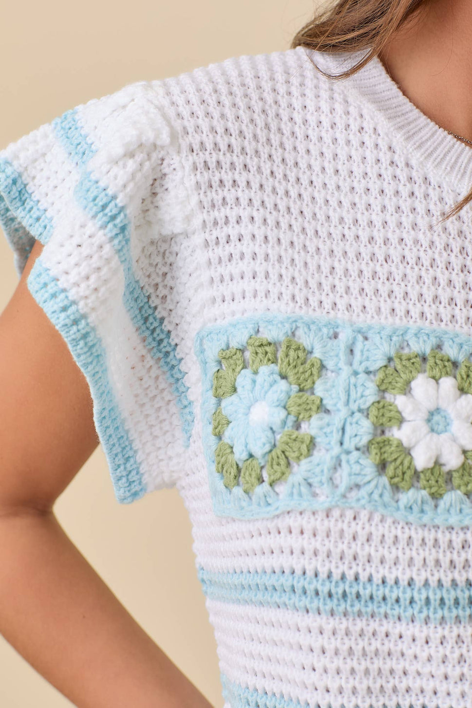 Crochet Flower Stripe Short Sleeve Knit Top Ready to Ship