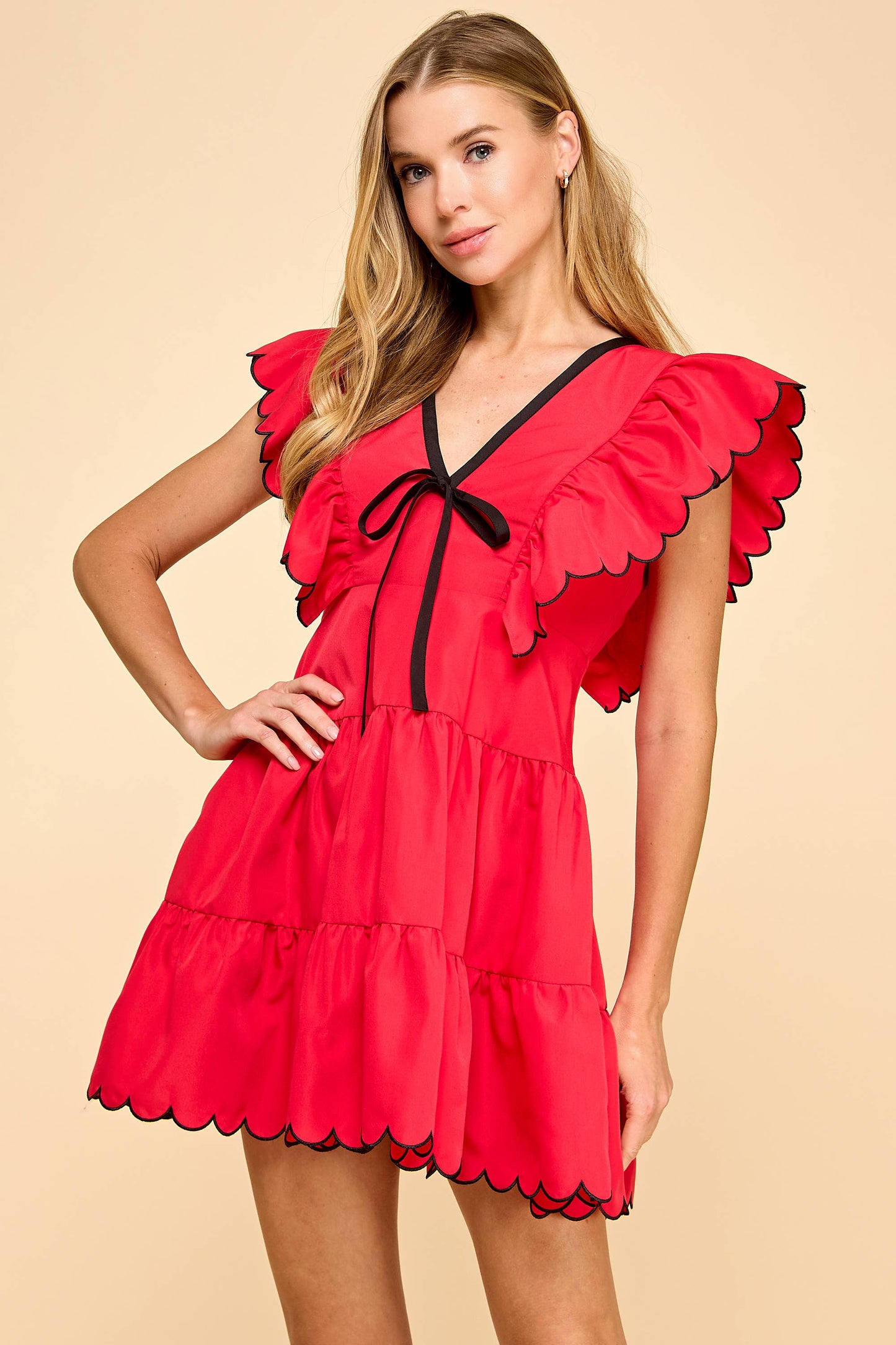 V NECKLINE BOW DETAIL SCALLOPED DRESS