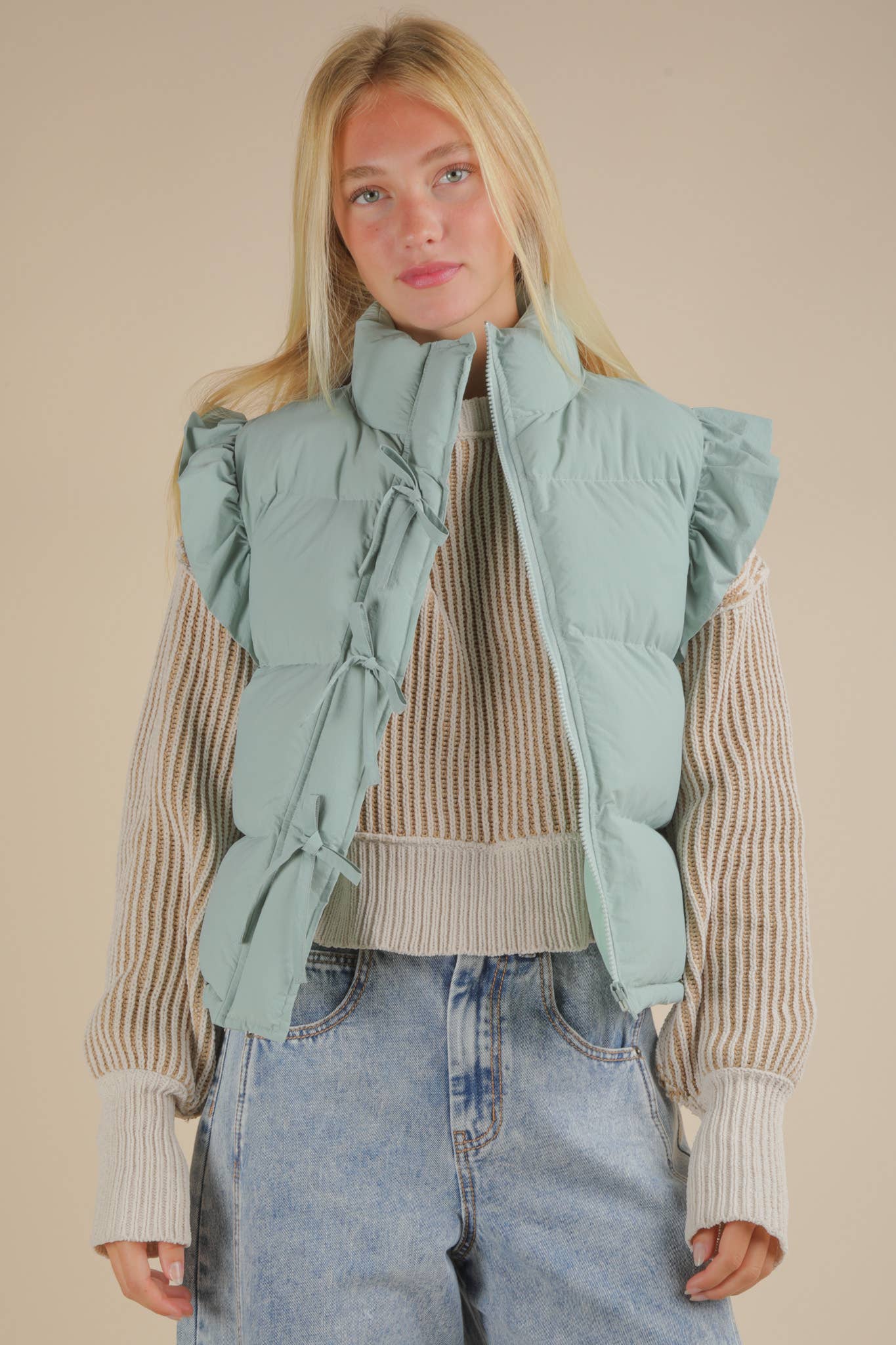 FRONT ROW RUFFLE SLEEVE PUFFER VEST