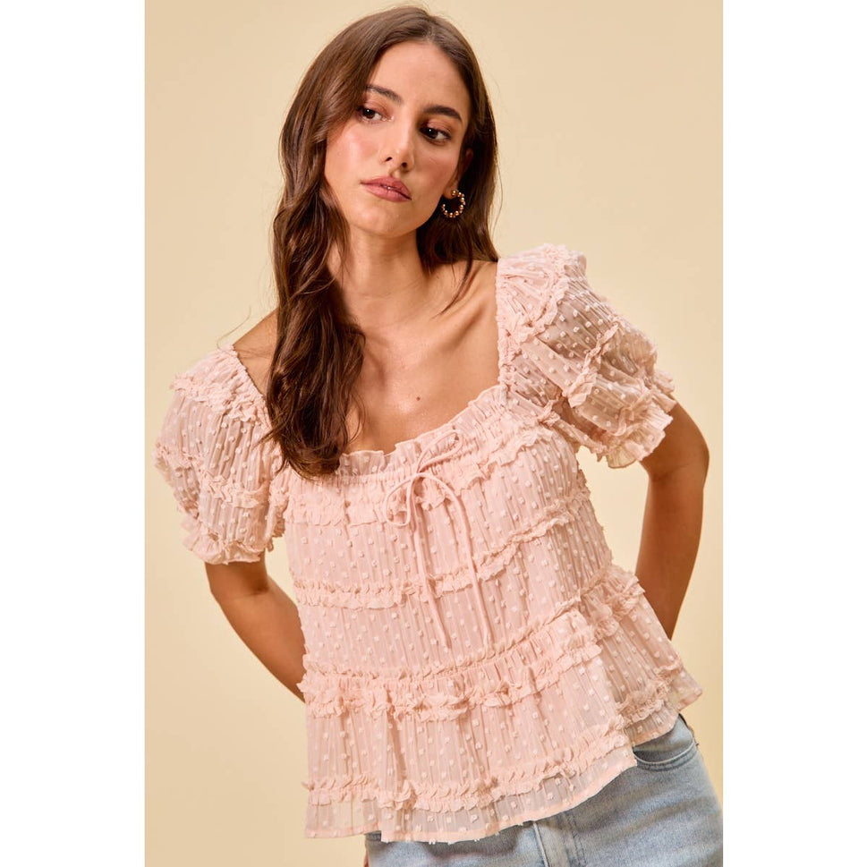 TEXTURED CLIP DOT RUFFLE SHORT SLEEVES BLOUSE TOP