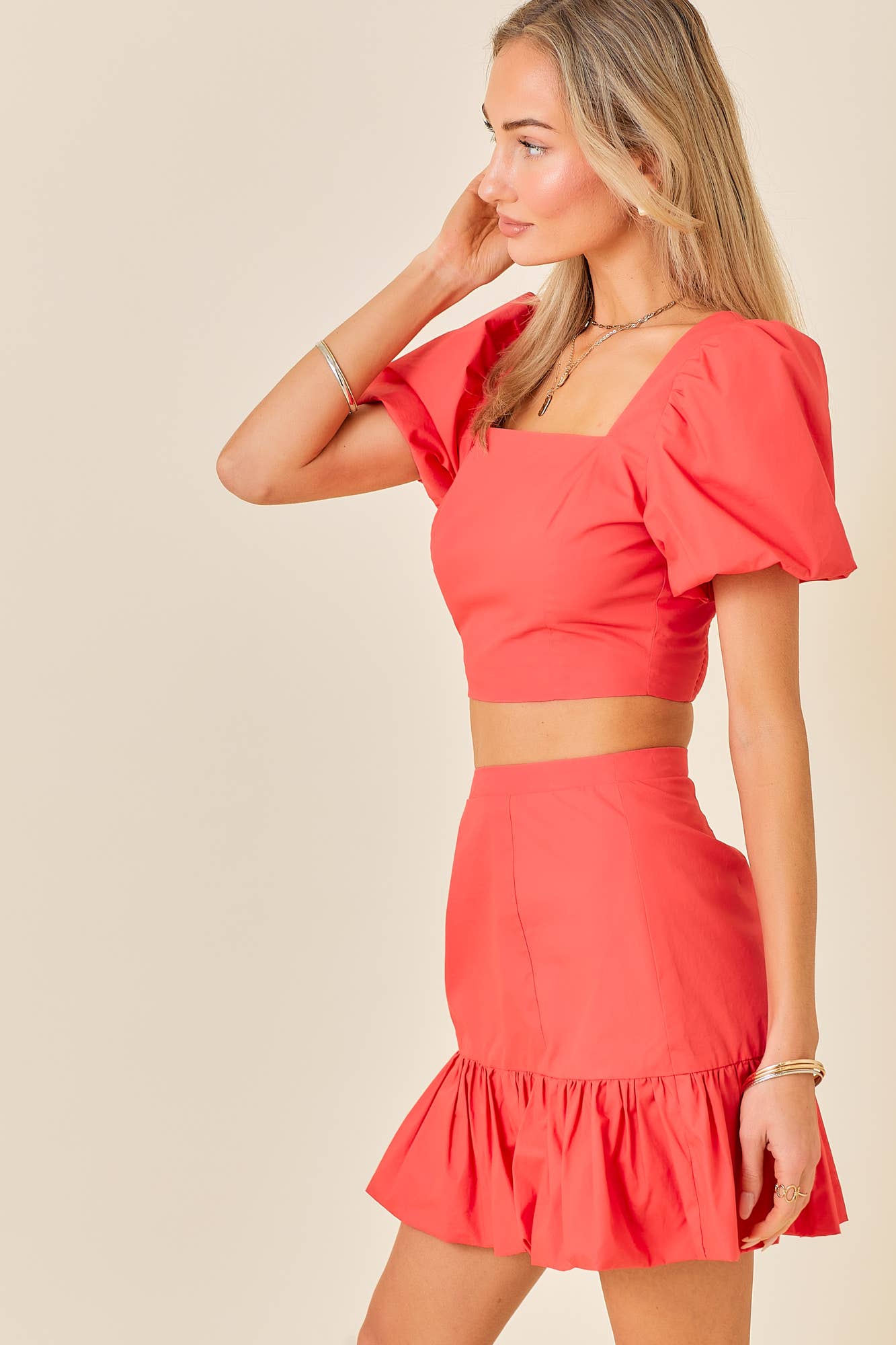 Ruffle Puff Sleeve Crop Top Mini Skirt Set