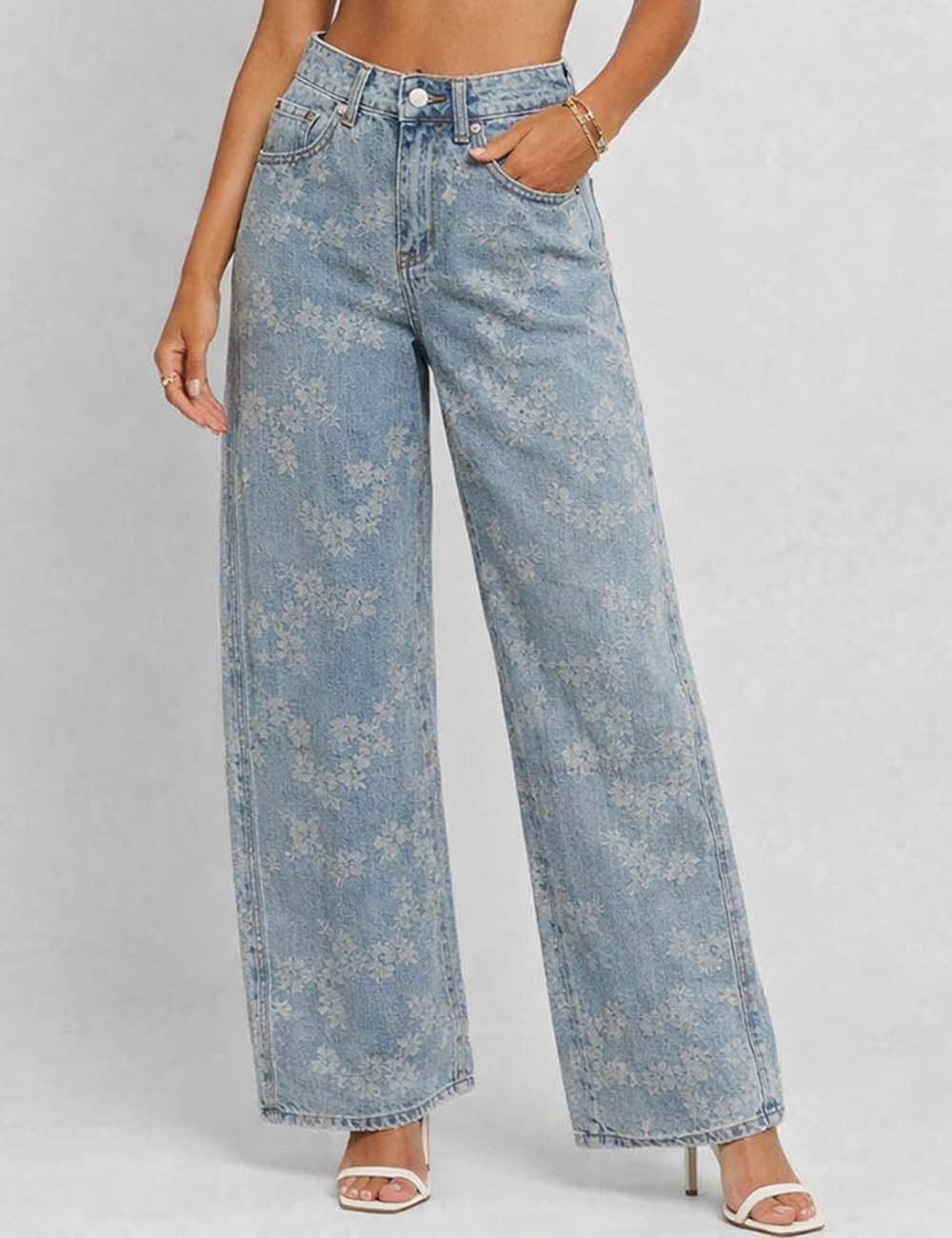 Ladies Floral Jacquard Button Pocket Wide Leg Denim Pants