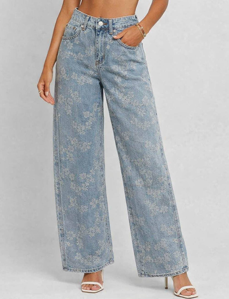 Ladies Floral Jacquard Button Pocket Wide Leg Denim Pants