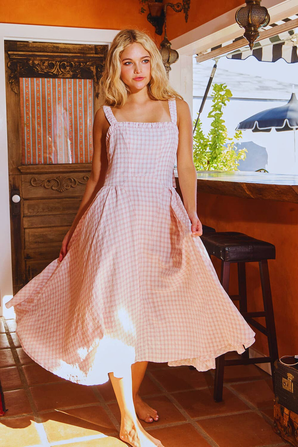 CONVERTIBLE SHOULDER STRAPS SMOCKED CHECK MIDI DRESS