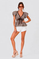 Switch Deep V Neck Bubble Hem Gingham Blouse Red 3 image
