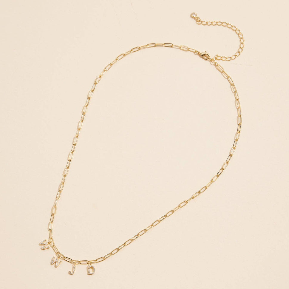 SPARKLING "WWJD" CUBIC ZIRCONIA 18K GOLD CHARM NECKLACE