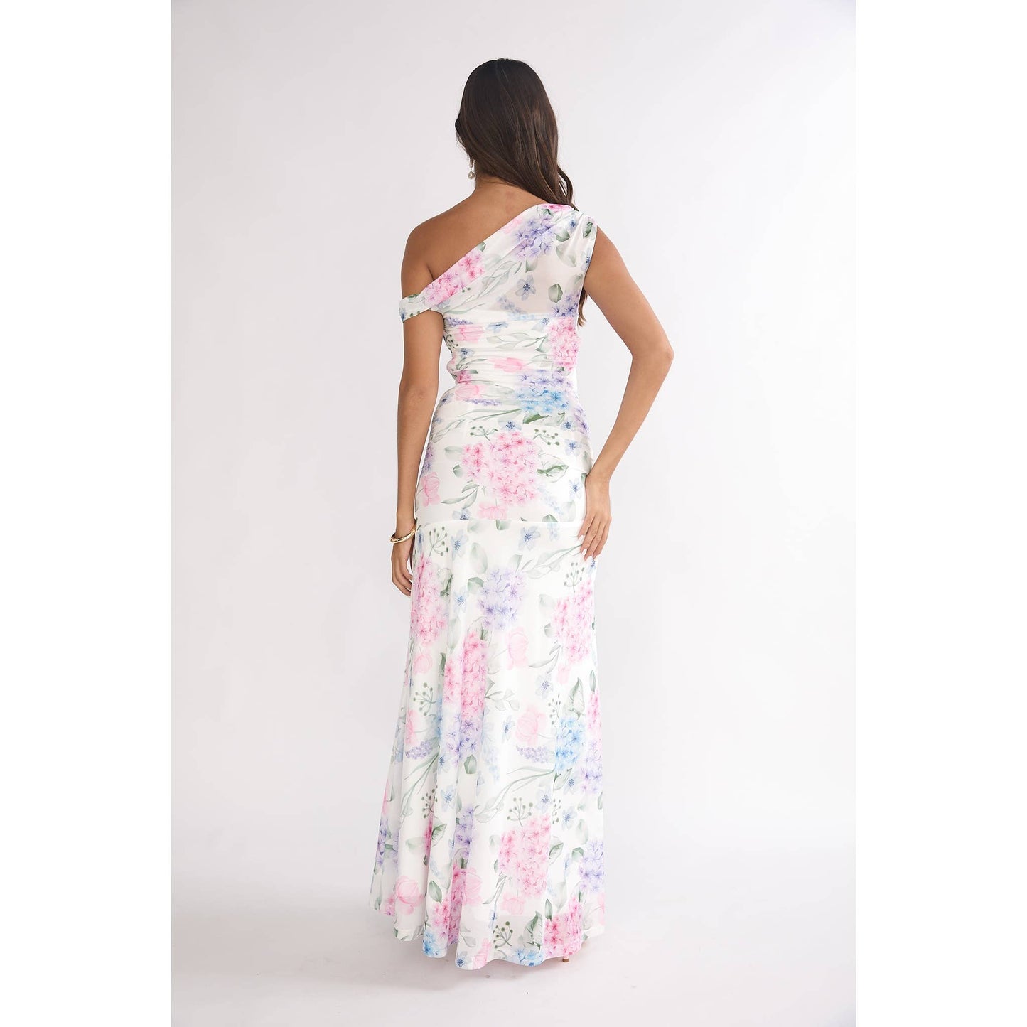 ASYMMETRIC ONE SHOULDER FLORAL MAXI DRESS: BLUE