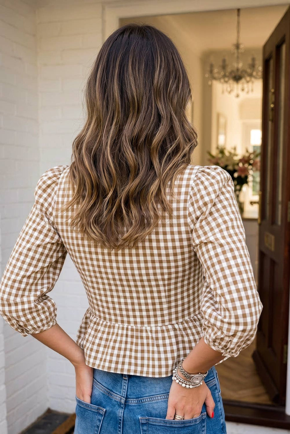 LAS Plaid Smocked Bubble Sleeve Casual Blouse