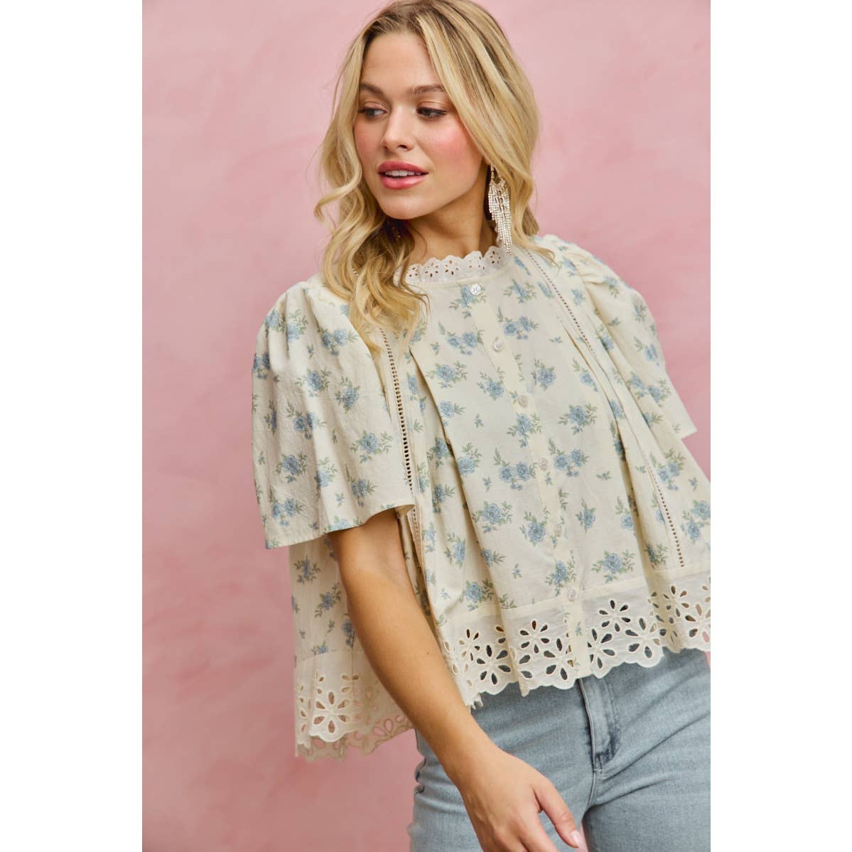 FLORAL PRINT LACE TRIM FLUTTER SLEEVES BLOUSE TOP