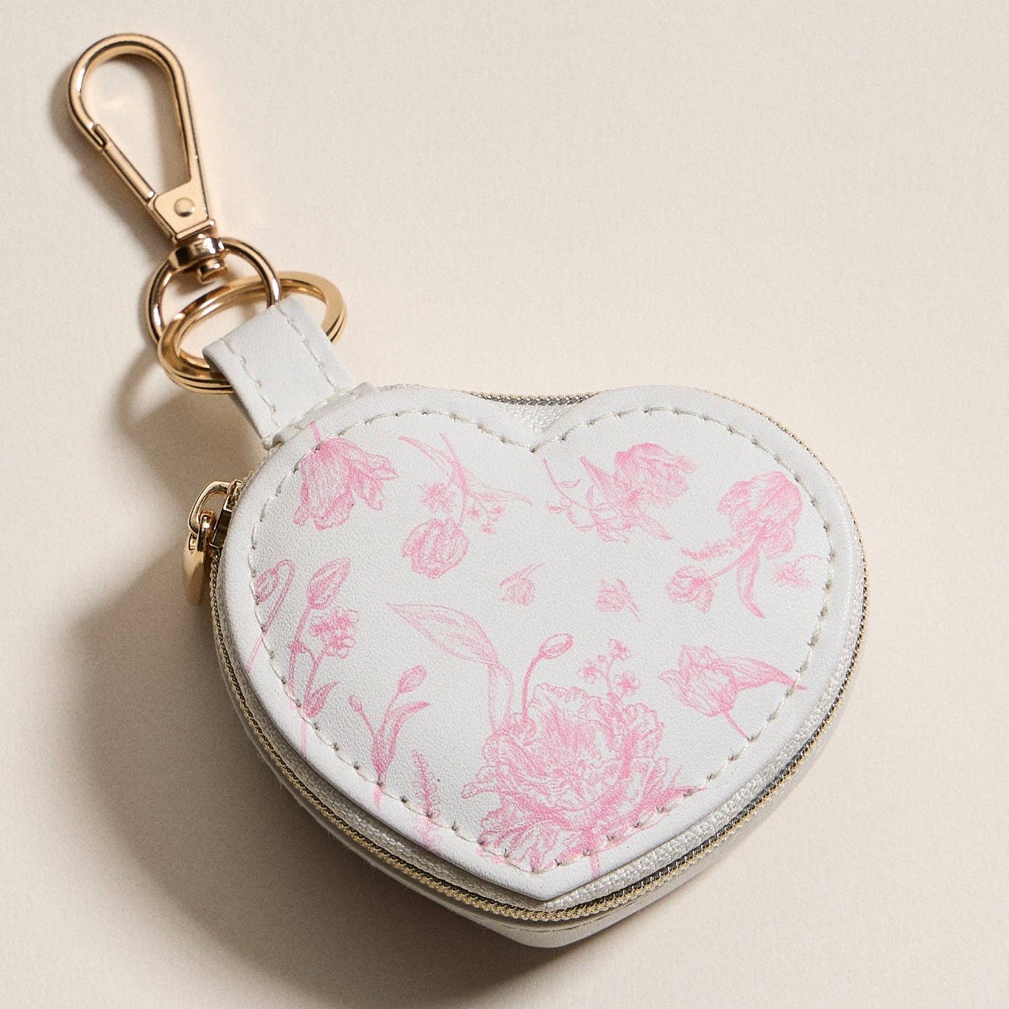 Heart-Shaped Jewelry Travel Case with Keychain – White & Pink Floral Print: IV / ONE