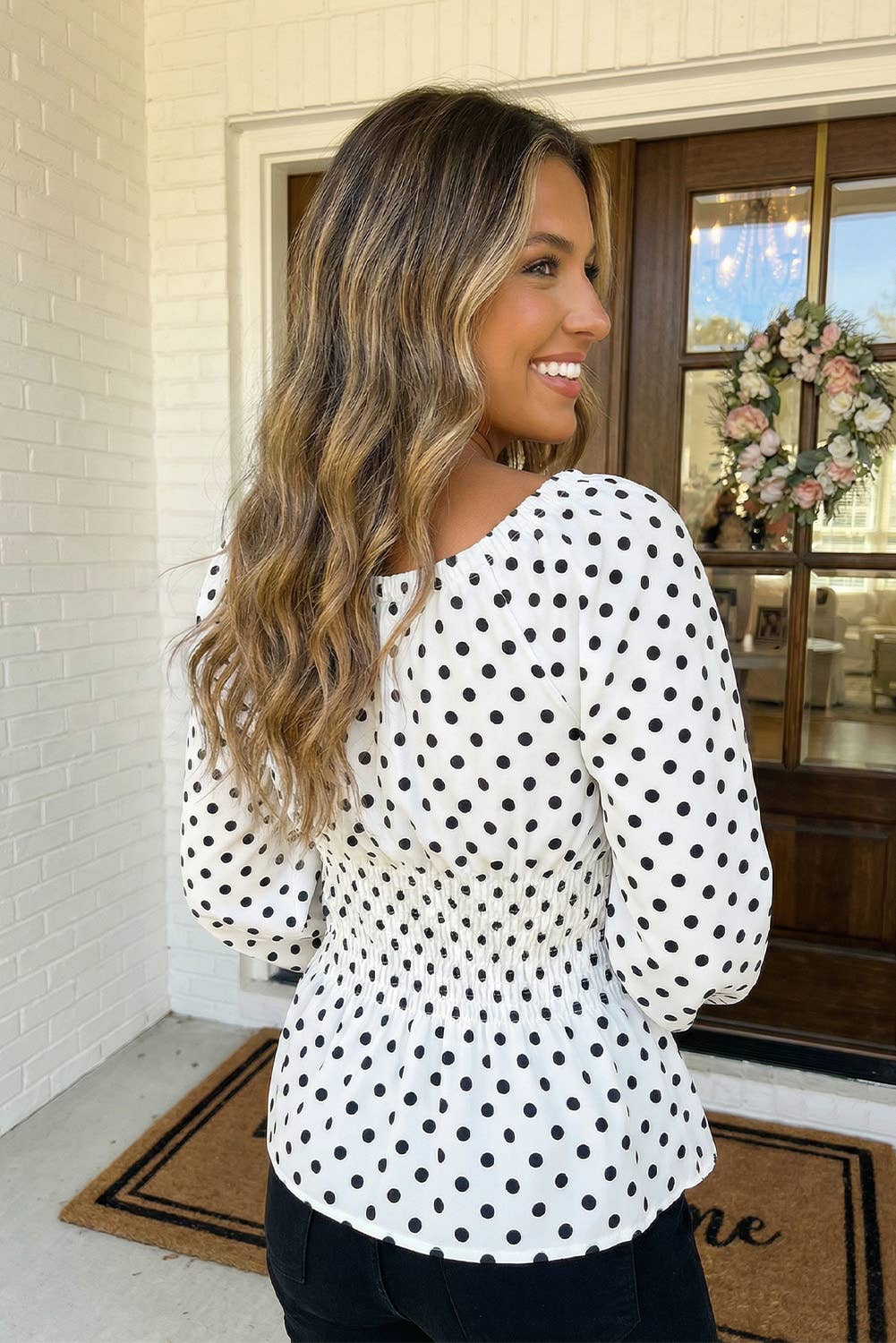 Polka Dot Puff Sleeve Bow Square Neck Peplum Top