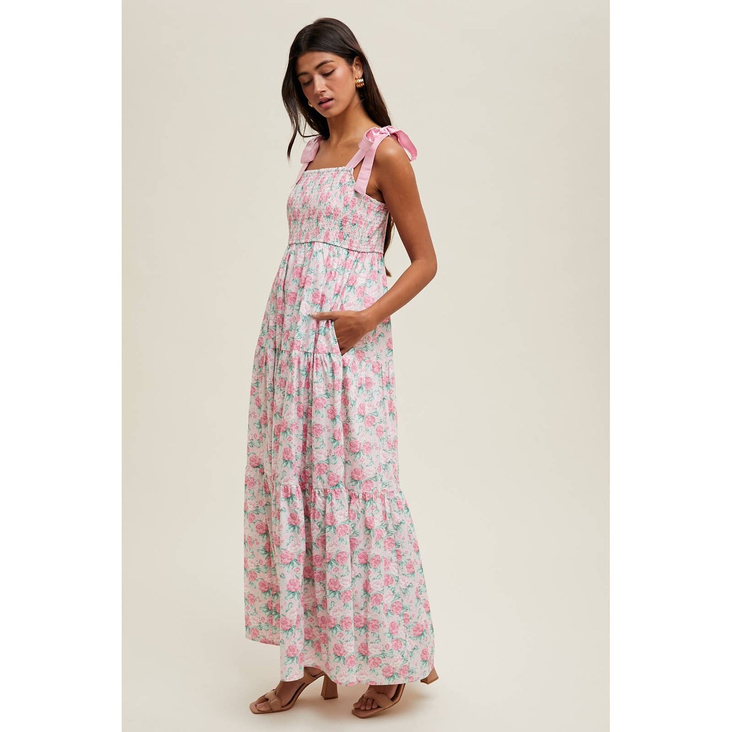 FLORAL SELF TIE SHOULDER MIDI DRESS / WL25-