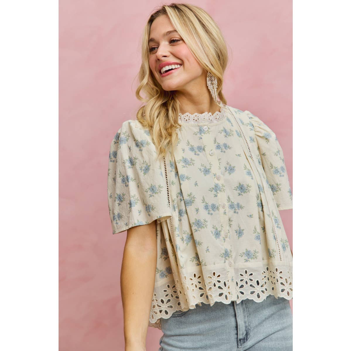 FLORAL PRINT LACE TRIM FLUTTER SLEEVES BLOUSE TOP