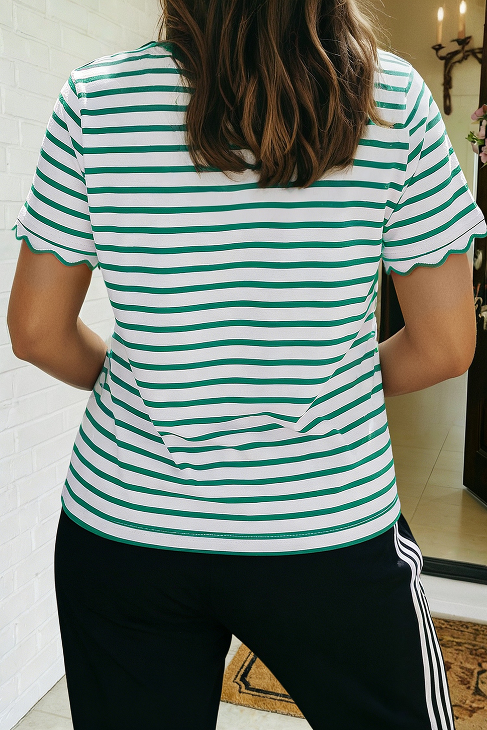 LAS Stripe Scalloped Trim Round Neck T Shirt (S-4X)