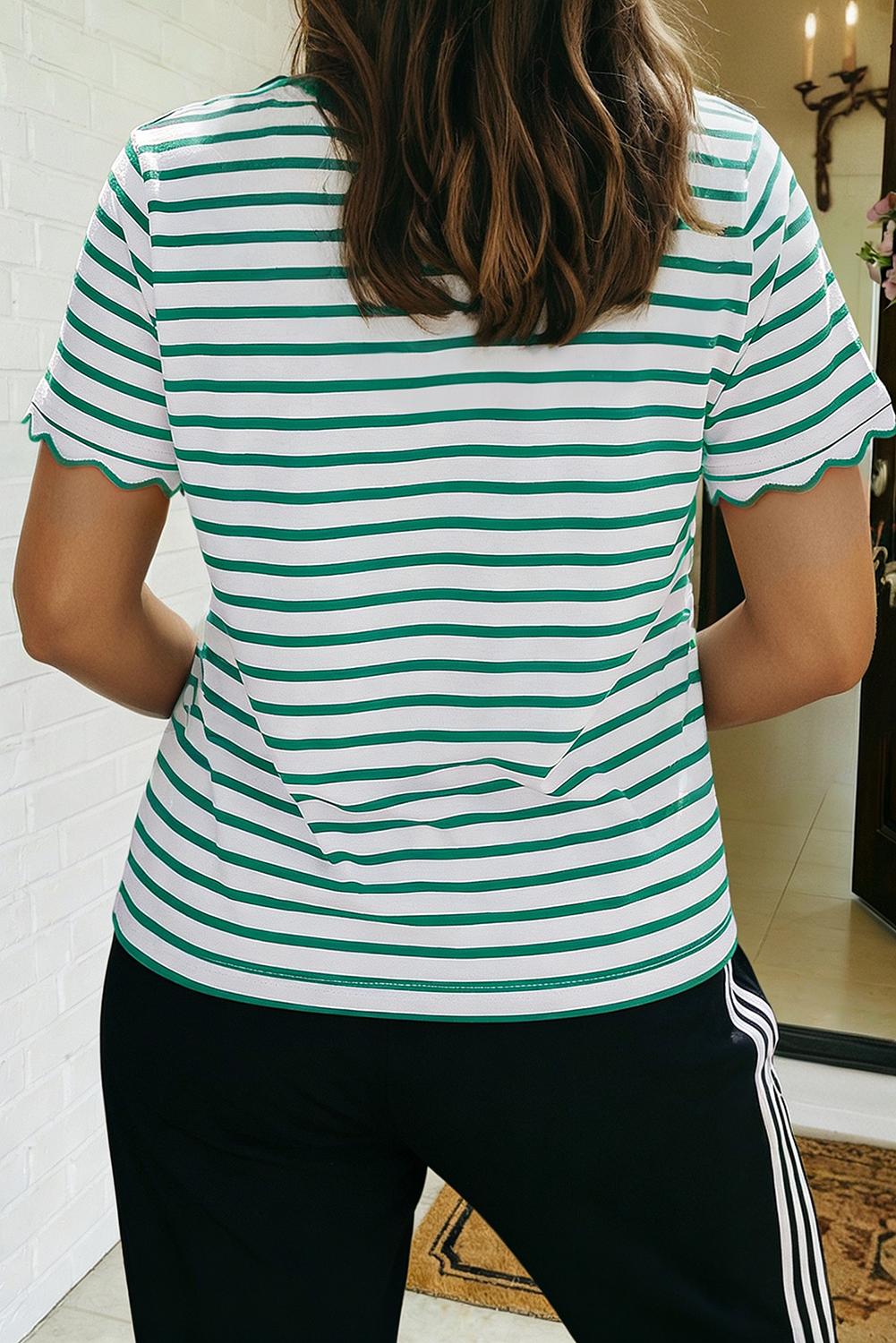 LAS Stripe Scalloped Trim Round Neck T Shirt (S-4X)