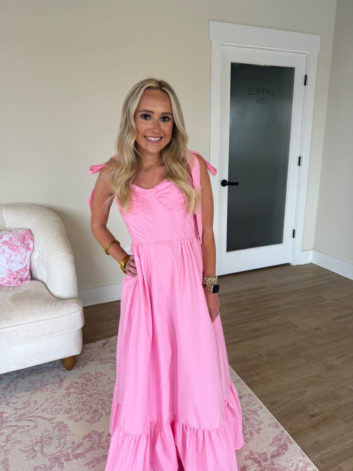 Bustier maxi dress with ruffle skirt and tied shoulder strap