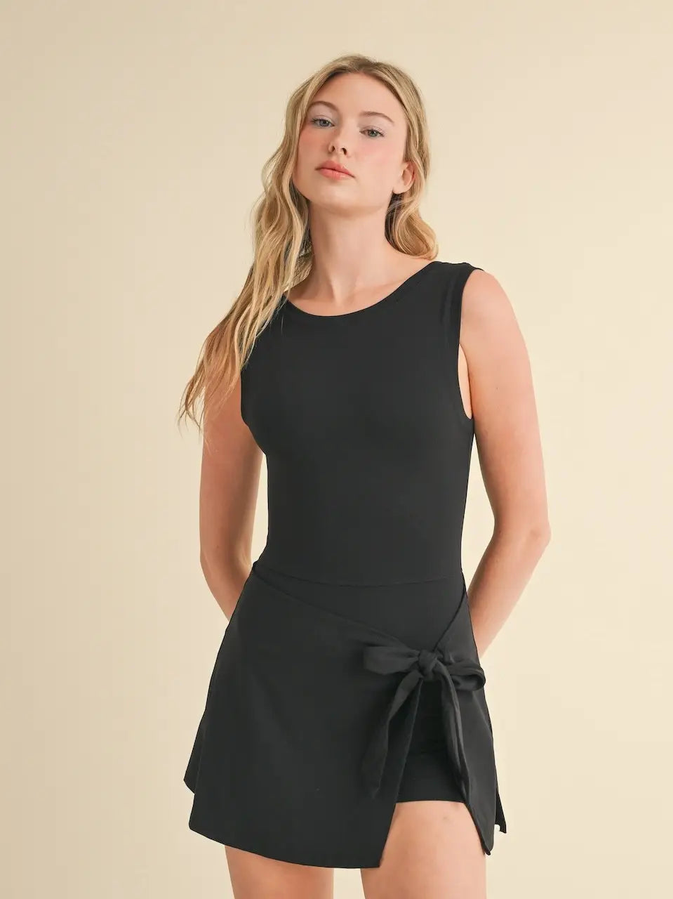 Sleeveless Wrap Tie Front Dress Black
