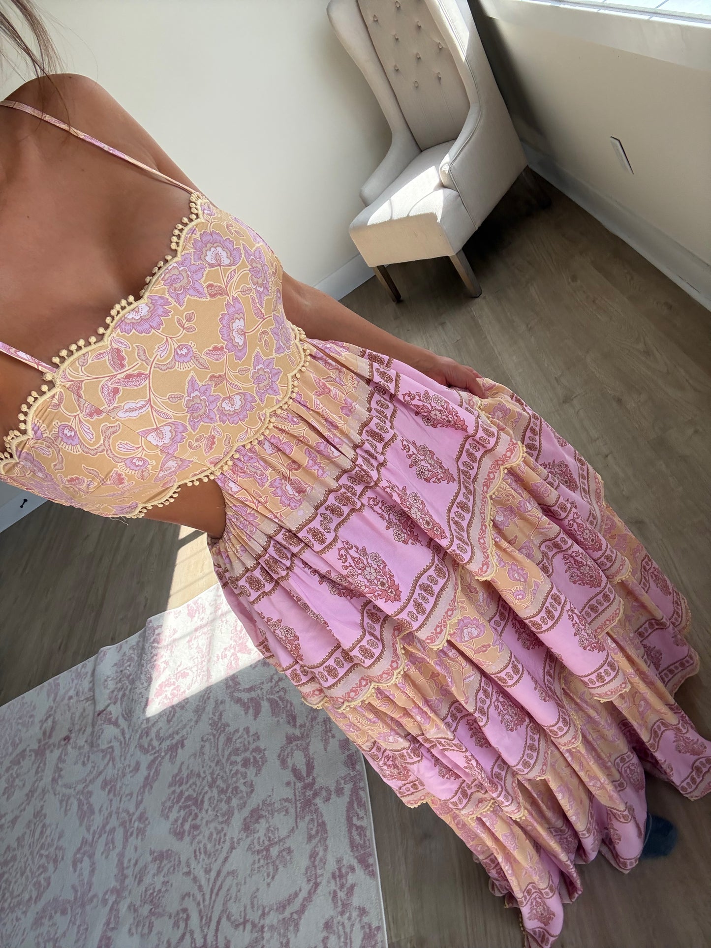 THREE TIER PRINTED MAXI DRESS WITH POM POM TRIM