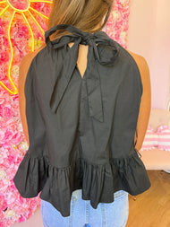 Halter Neck Gathered Peplum Top W/Black Tie Detail Black