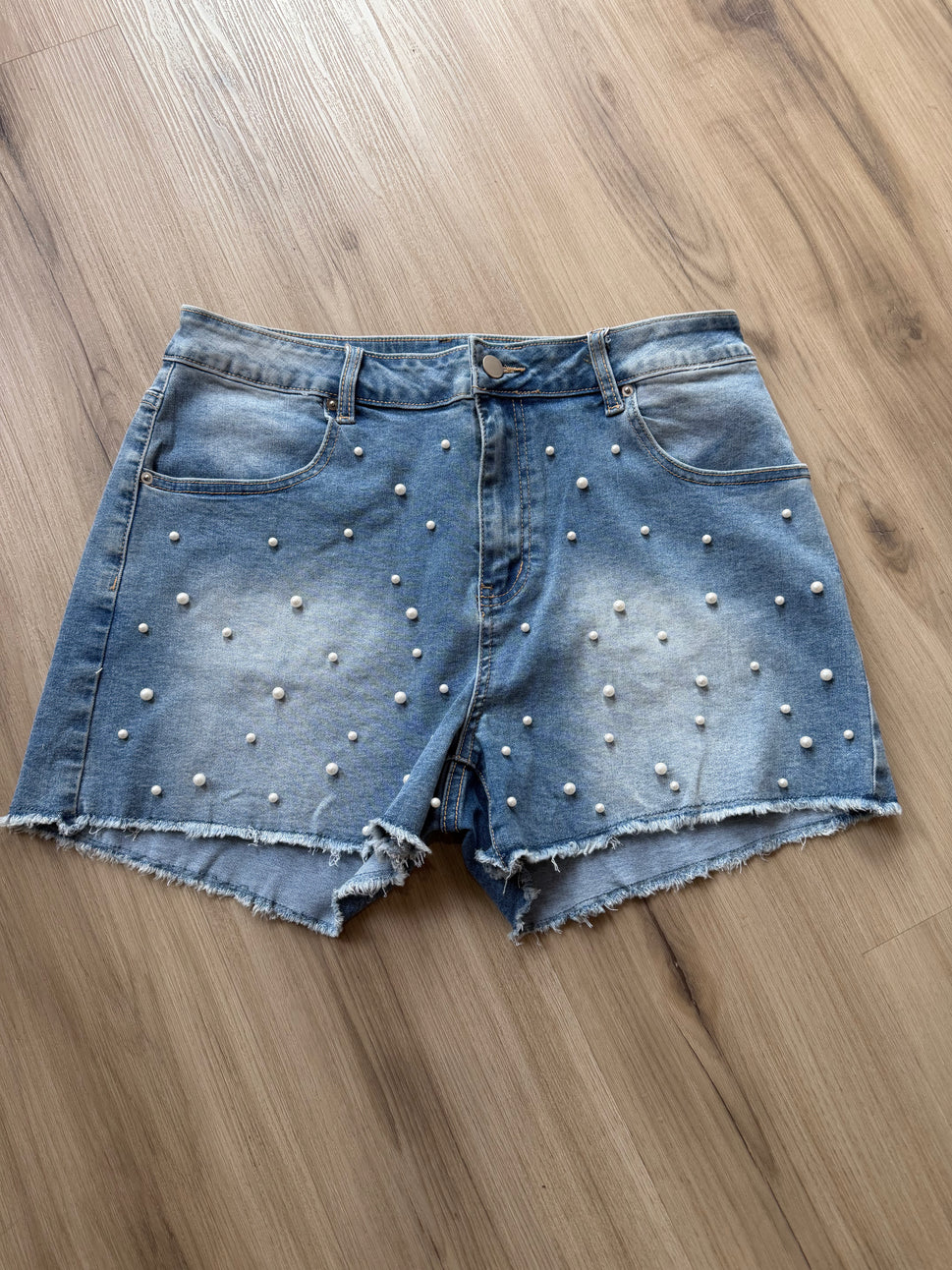 Dusk Blue Pearl Beaded Raw Hem Medium Wash Denim Shorts