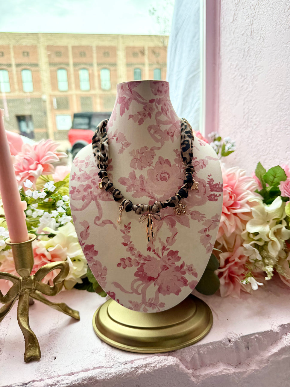 Plated Bow Stainless Steel Pendant Leopard Scarf Necklace: Gold / ONE SIZE