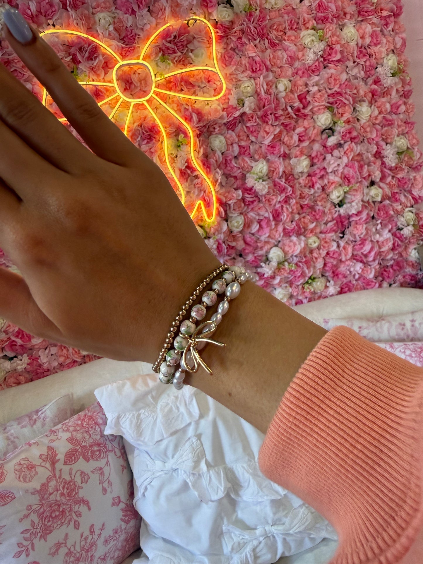 Bow Knot Charm Beaded Triple Layer Bracelet Set: Gold