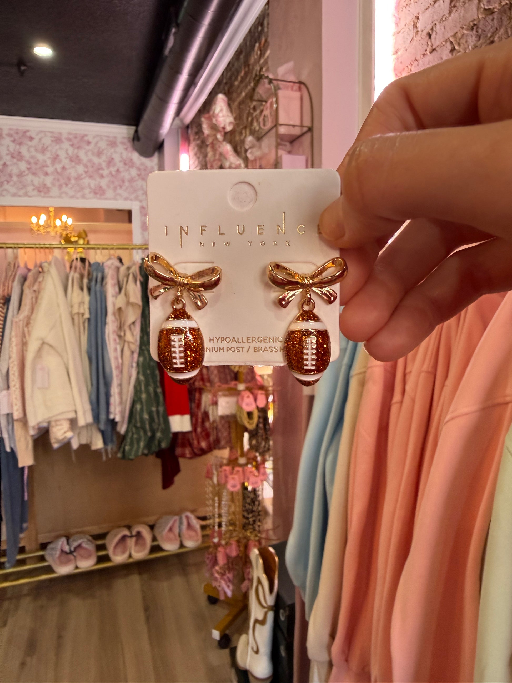 SPARKLE FOOTBALL EARRINGS W/ BOW GAMEDAY JEWELRY