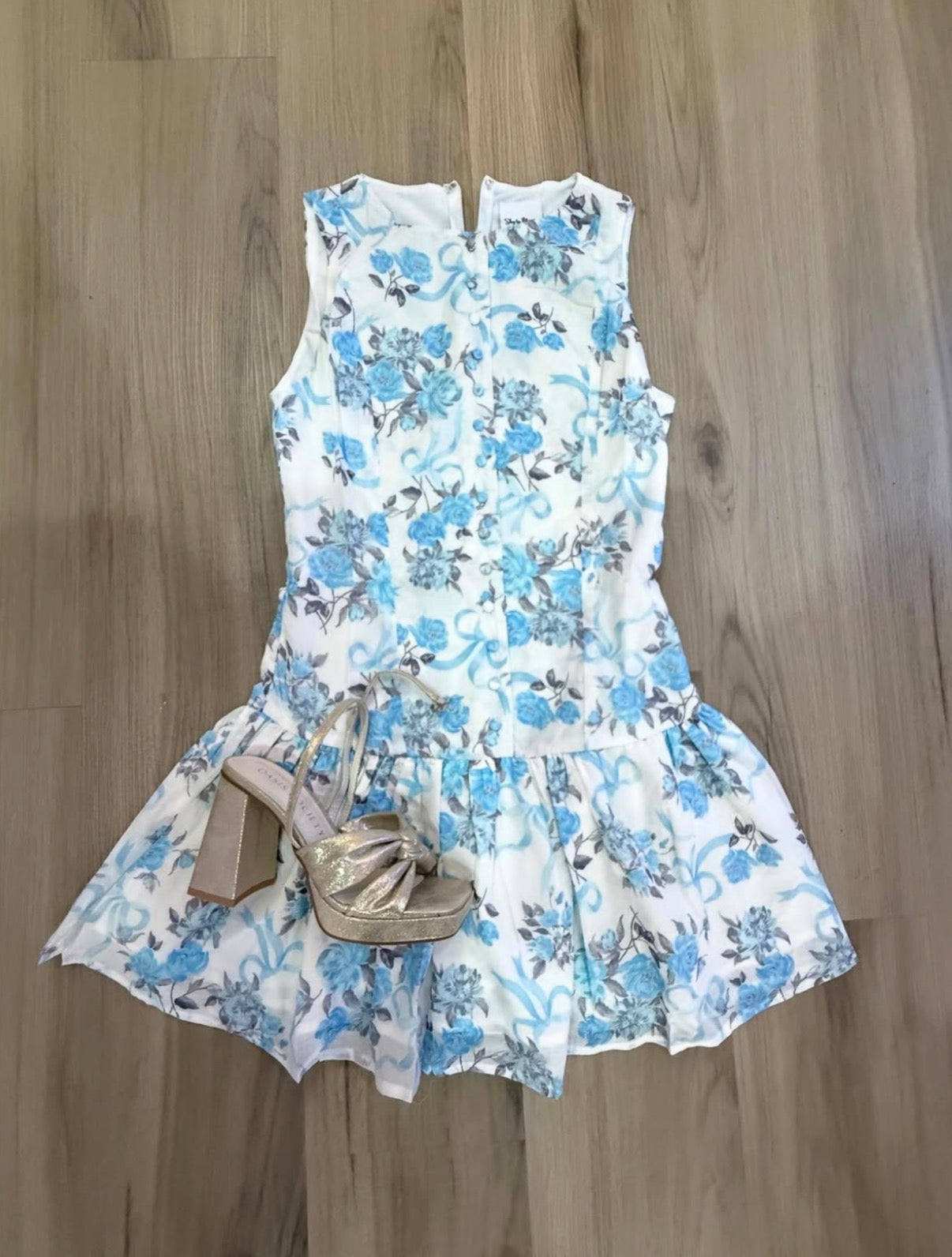 RIBBON FLORAL CREW NECK SLEEVELESS MINI DRESS