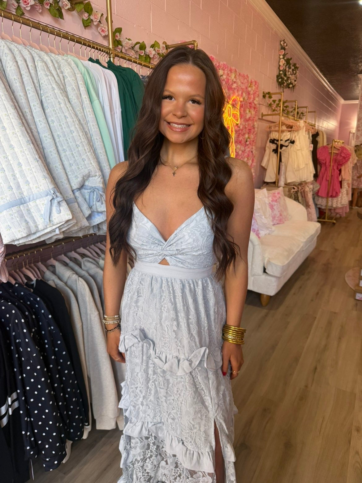*Lace Maxi Dress With Ruffle Tier And Thigh Slit