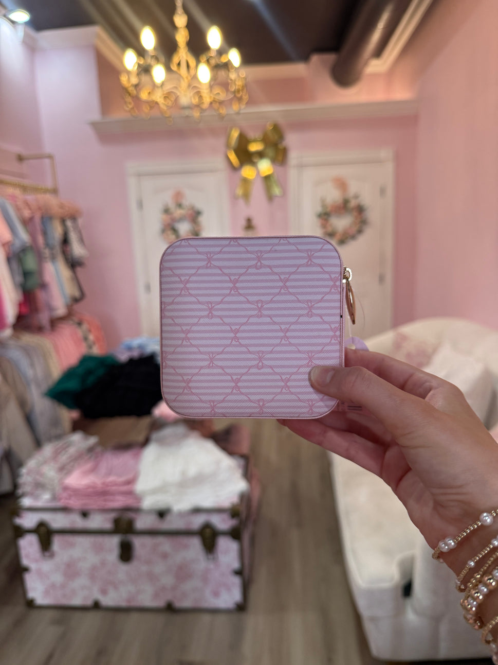 Bow Monogram Print Jewelry Box -Travel Size: Pink
