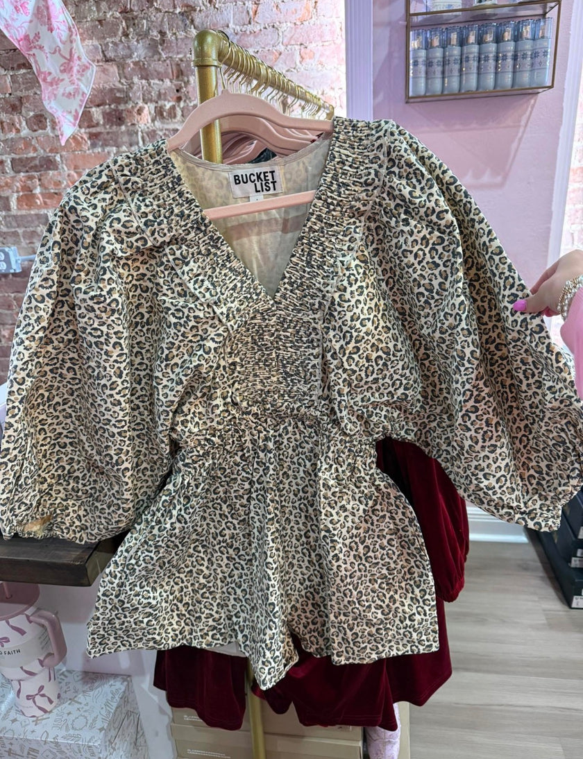 SMOCKED V-NECK RUFFLED LEOPARD PRINT ROMPER