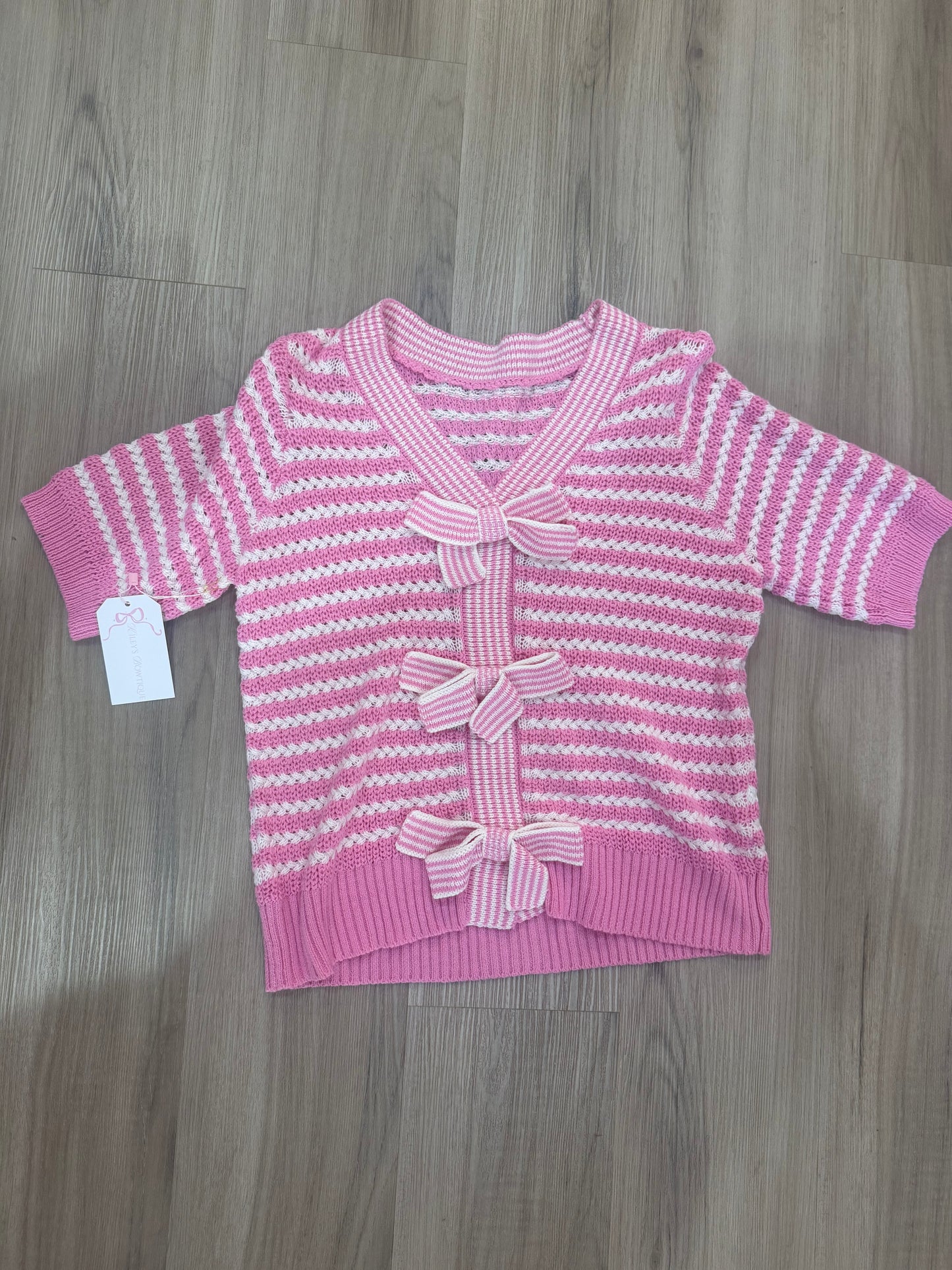 Stripe Knit Contrast Trim Bow V Neck Knot Sweater