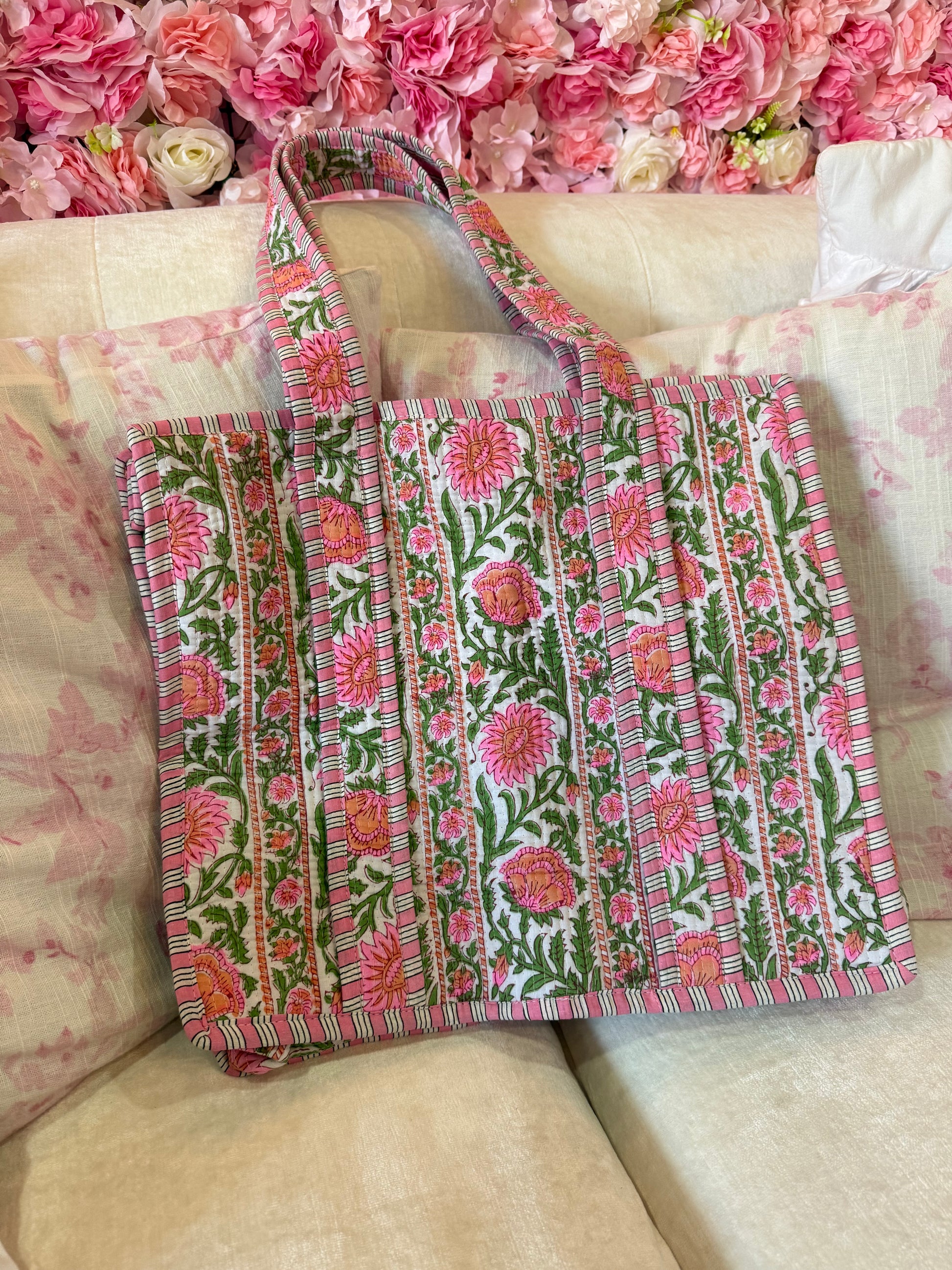 Ronan Green and Pink Floral Tote Bag