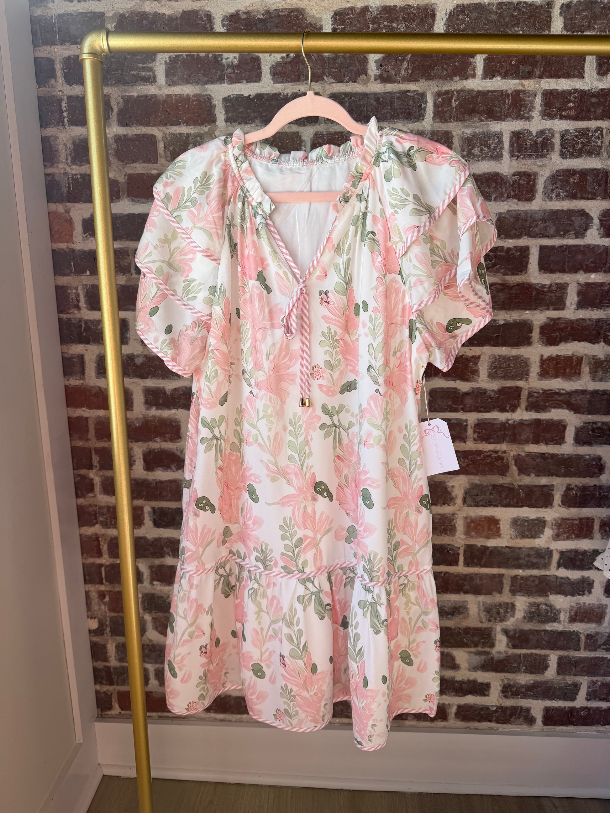 *Pink Floral Contrast Edge Layered Short Sleeve Mini Dress