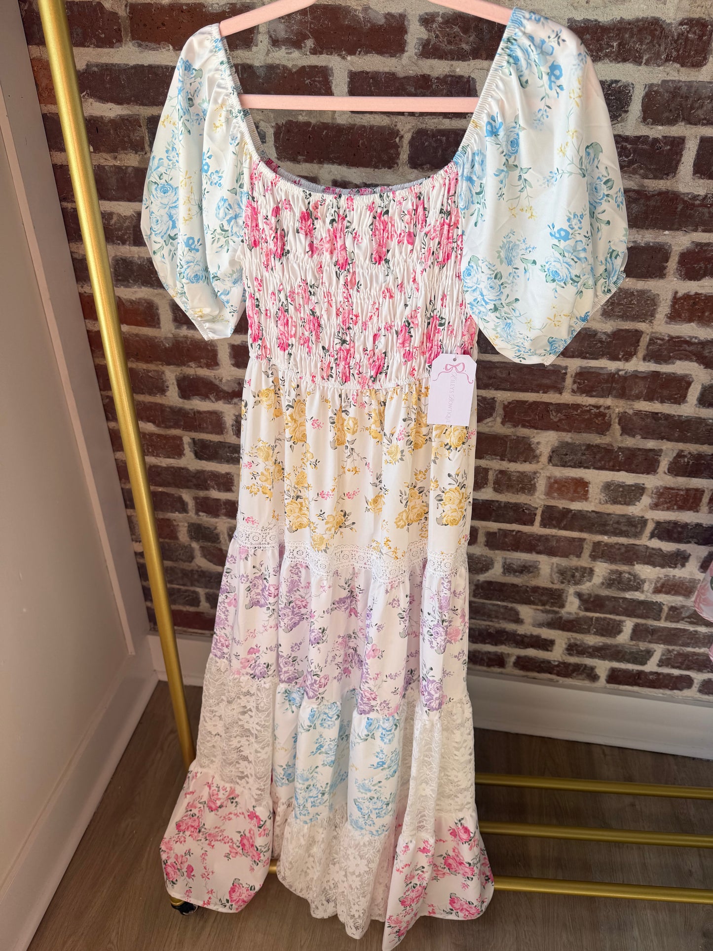 SWEET PUFF SLEVE FLORAL PRINT LACE SPLICING SWING DRESS