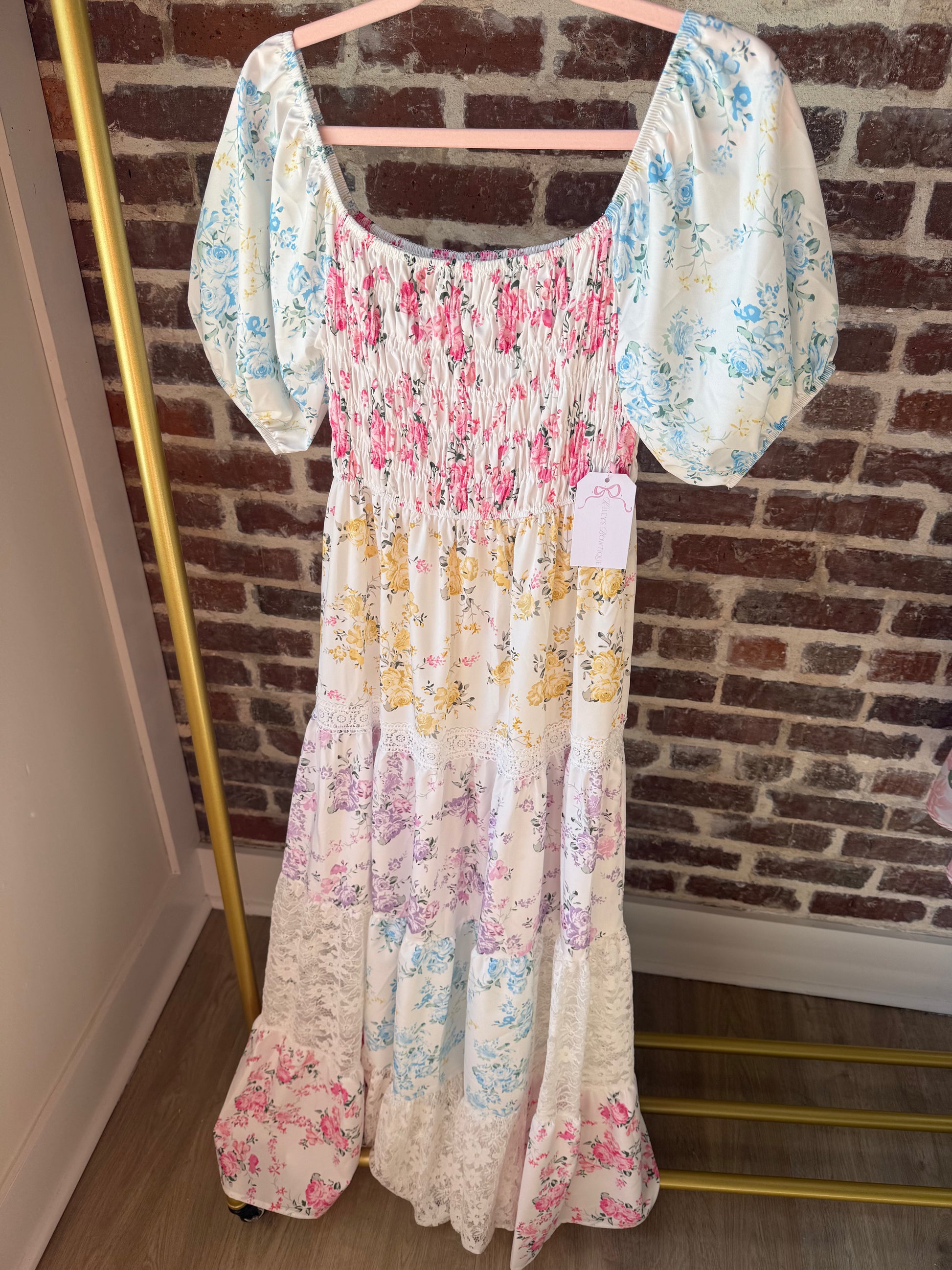 SWEET PUFF SLEVE FLORAL PRINT LACE SPLICING SWING DRESS