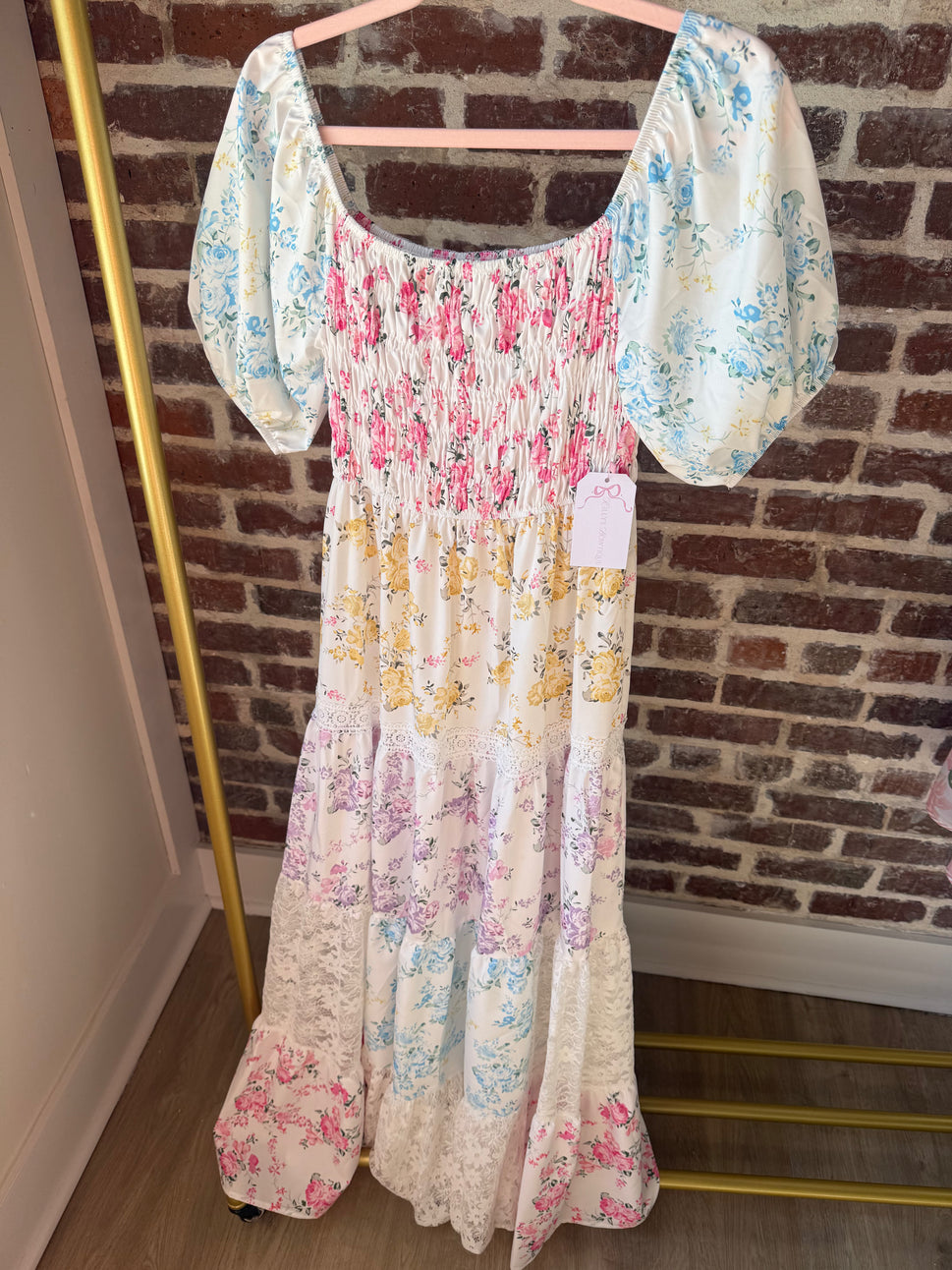 SWEET PUFF SLEVE FLORAL PRINT LACE SPLICING SWING DRESS
