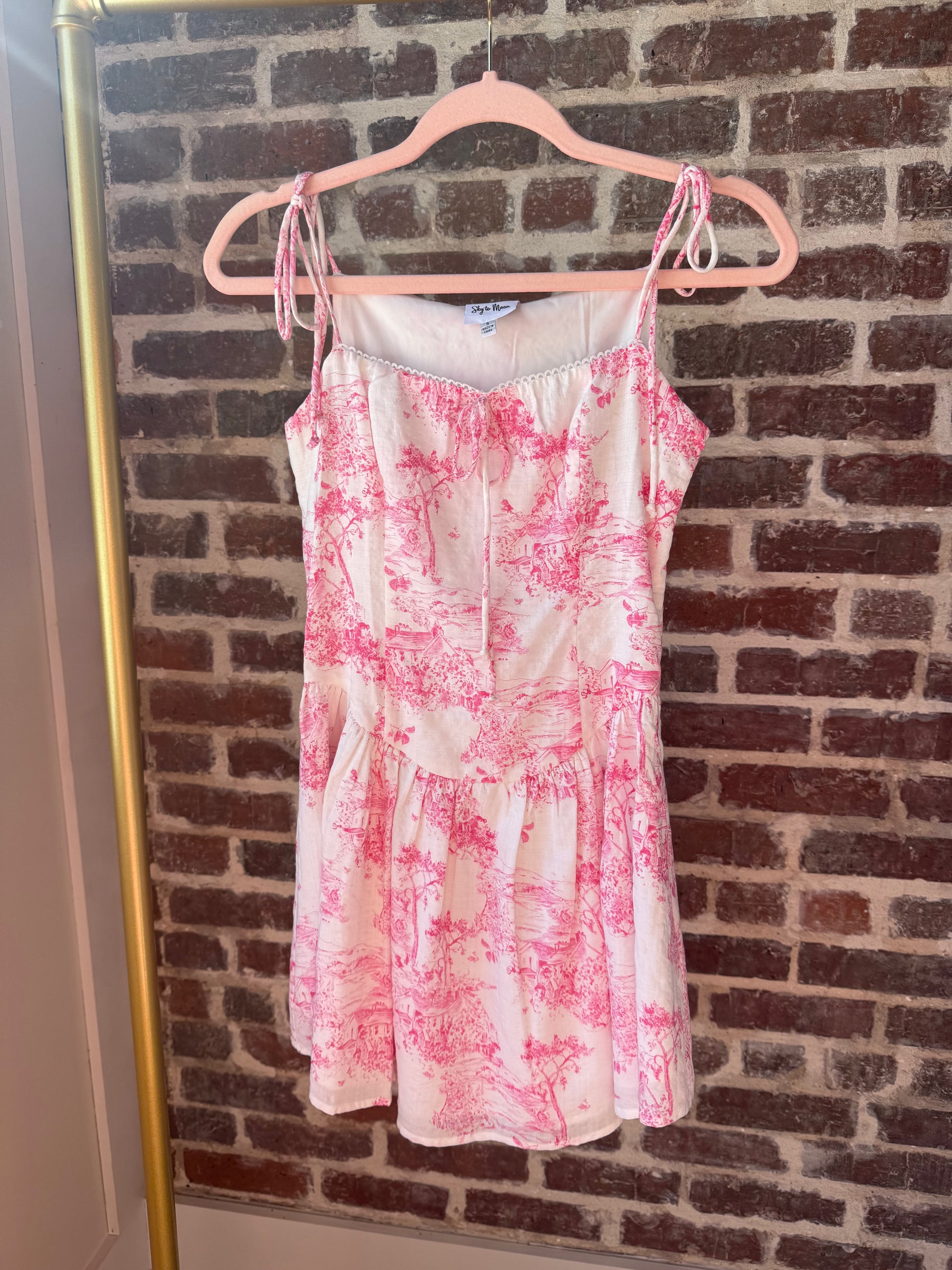 TREE PRINT TIE STRAP FIT & FLARE MINI DRESS