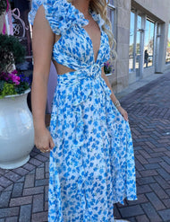 CUT OUT SLIM DEEP V RUFFLED FLORAL BACKLESS DRESS