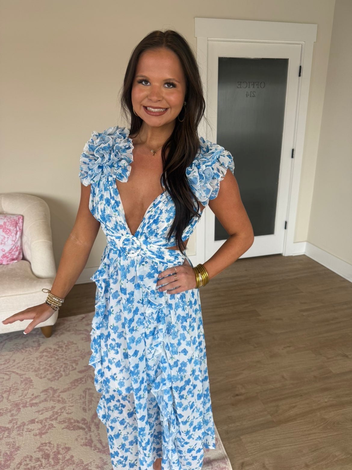 CUT OUT SLIM DEEP V RUFFLED FLORAL BACKLESS DRESS