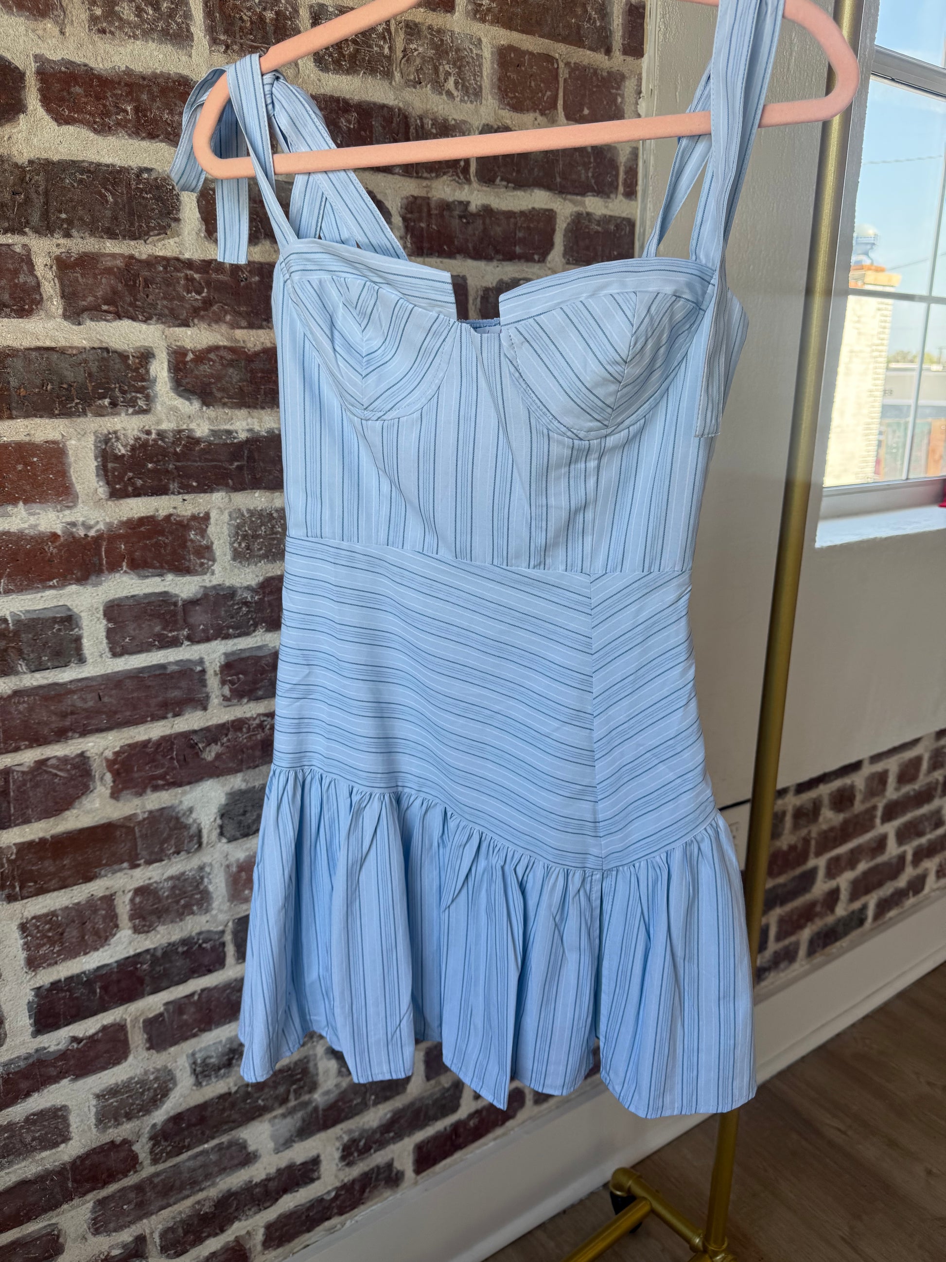 Irregular striped bustier dress with tie shoulder straps