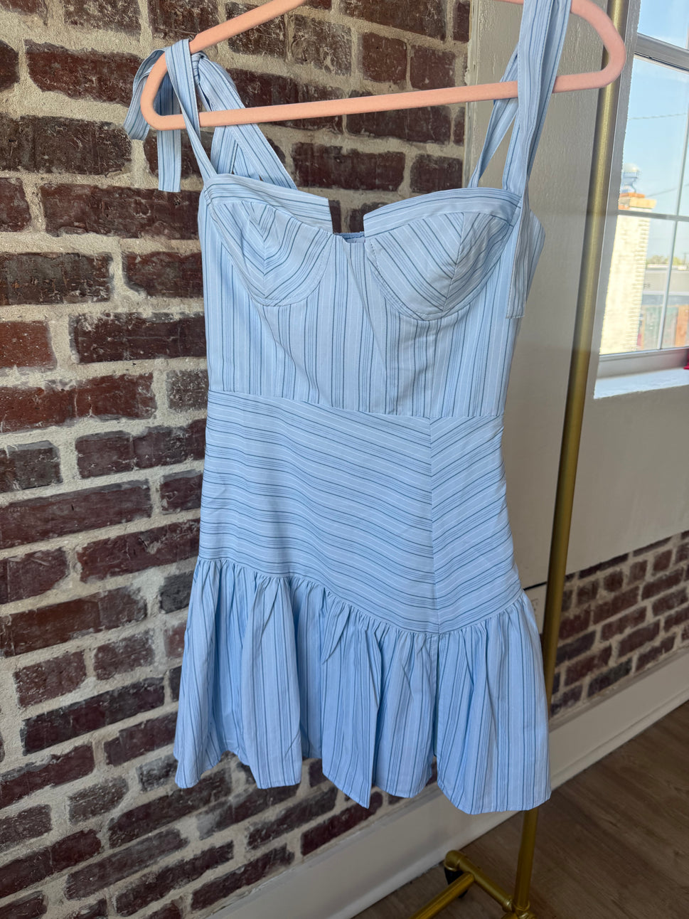 Irregular striped bustier dress with tie shoulder straps